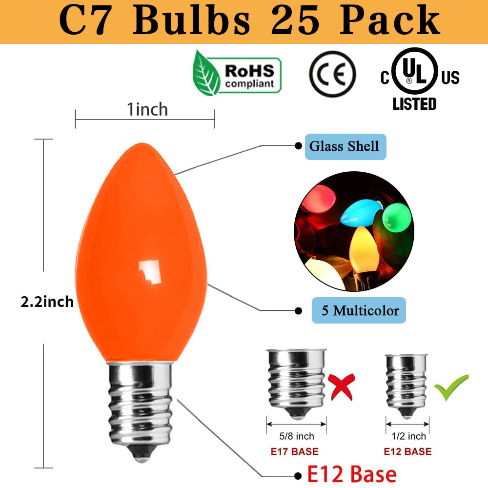 Couah Christmas Light Bulbs C7 Multi-Color Replacement Bulbs(25 Pack) C7 Ceramic Outdoor String Light Replacement Bulbs, C7/E12 Candelabra Base, 5 Watt