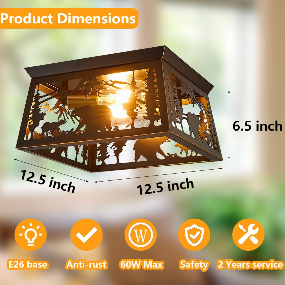 Rustic Light Fixture, 2-Light Farmhouse Flush Mount Ceiling Light Fixture, Metal Bear Country For Bedroom Foyer Entryway Hall Li