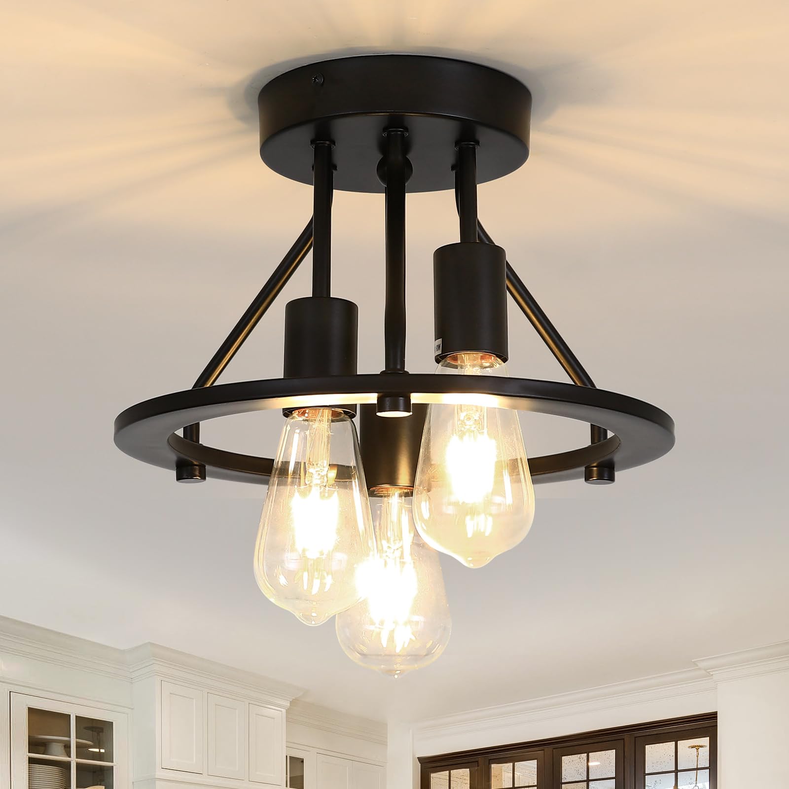 Qgiytp Semi Flush Mount Ceiling Light Fixture 3-Light Matte Black Ceiling Light E26 Edison Farmhouse Industrial Small Chandelier