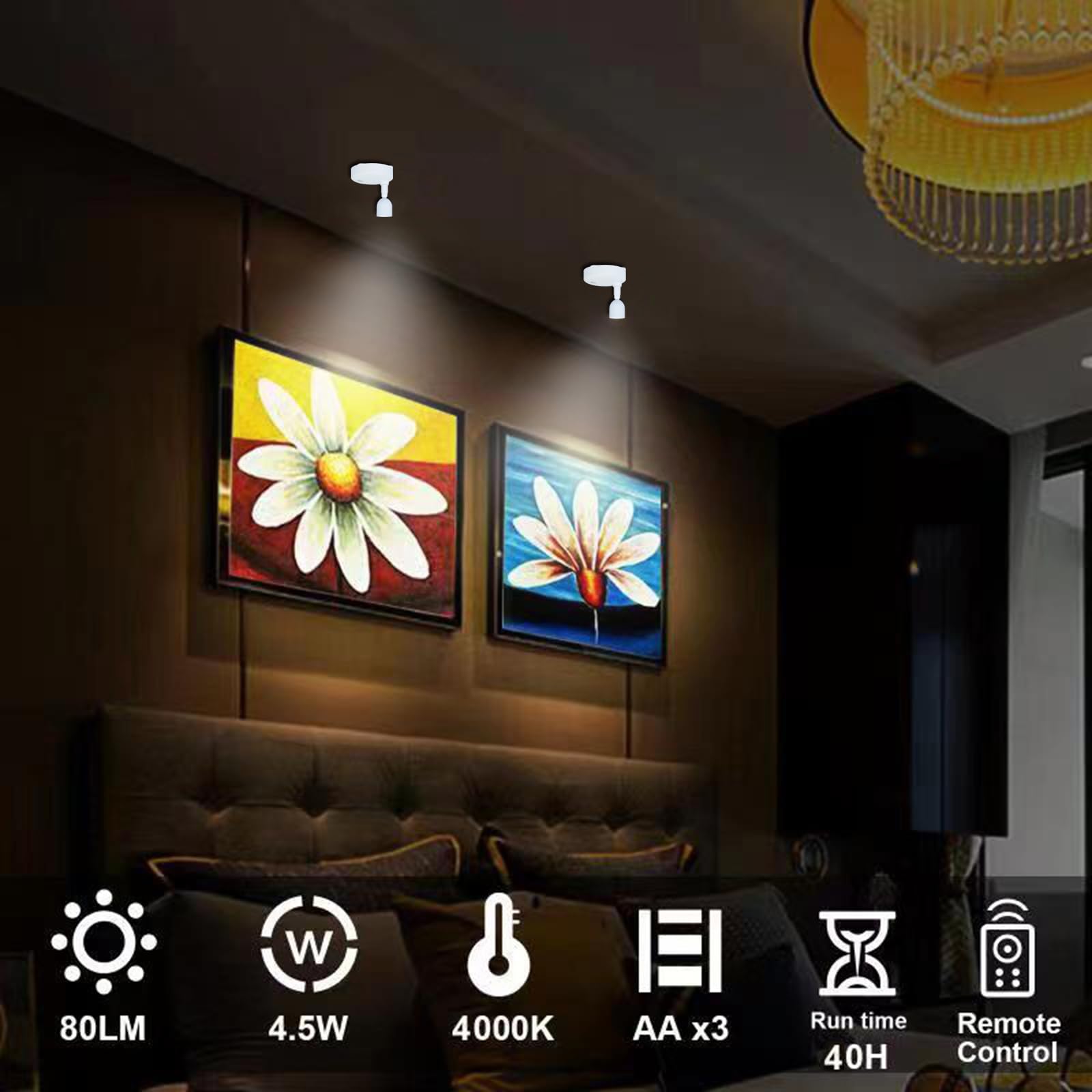 HAMVIDNE Wireless LED Spotlight - Battery Powered Picture Light with Remote, Natural White Uplighting for Wall Display, Dartboard, Artwork
