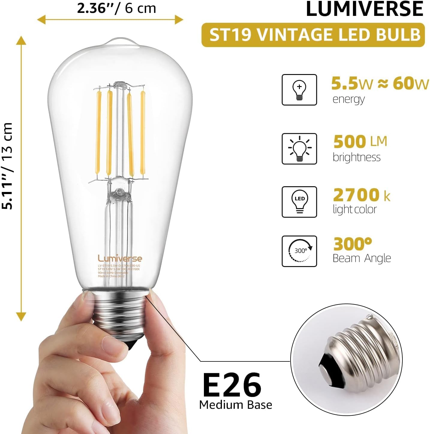 16 Pack St19 Dimmable Led Edison Bulb, 5.5W (60W Equivalent), 500Lm, Cri 95+, 2700K Soft White, E26 Medium Base, Vintage Filamen