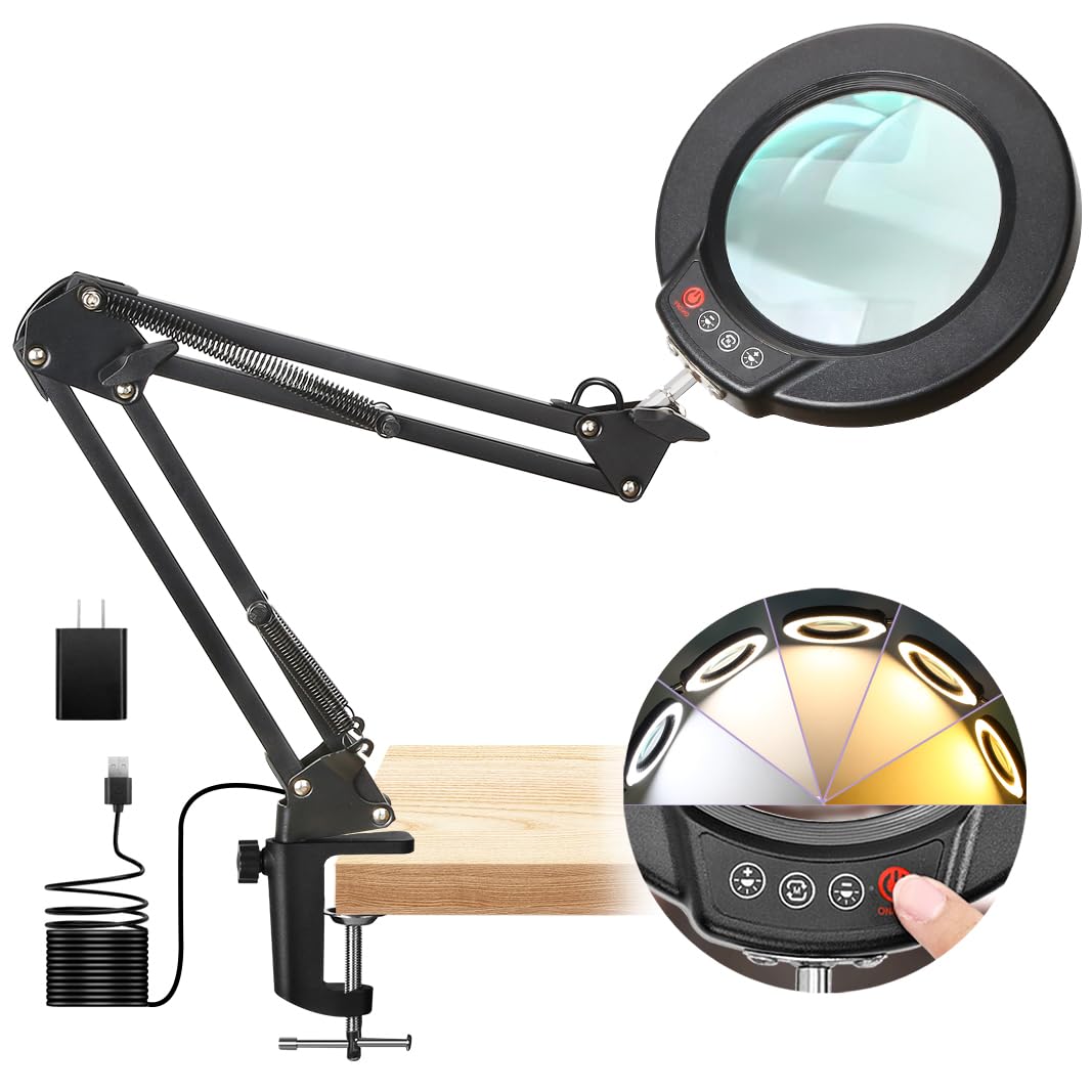 Seylae 10X Magnifying Glass With Light And Clamp, Real Glass Lens Lighted Magnifier With Stand, 5 Color Modes Led Dimmable Magnifying Desk Lamp Hands Free For Crafts Jewelry Painting Sewing Close Work
