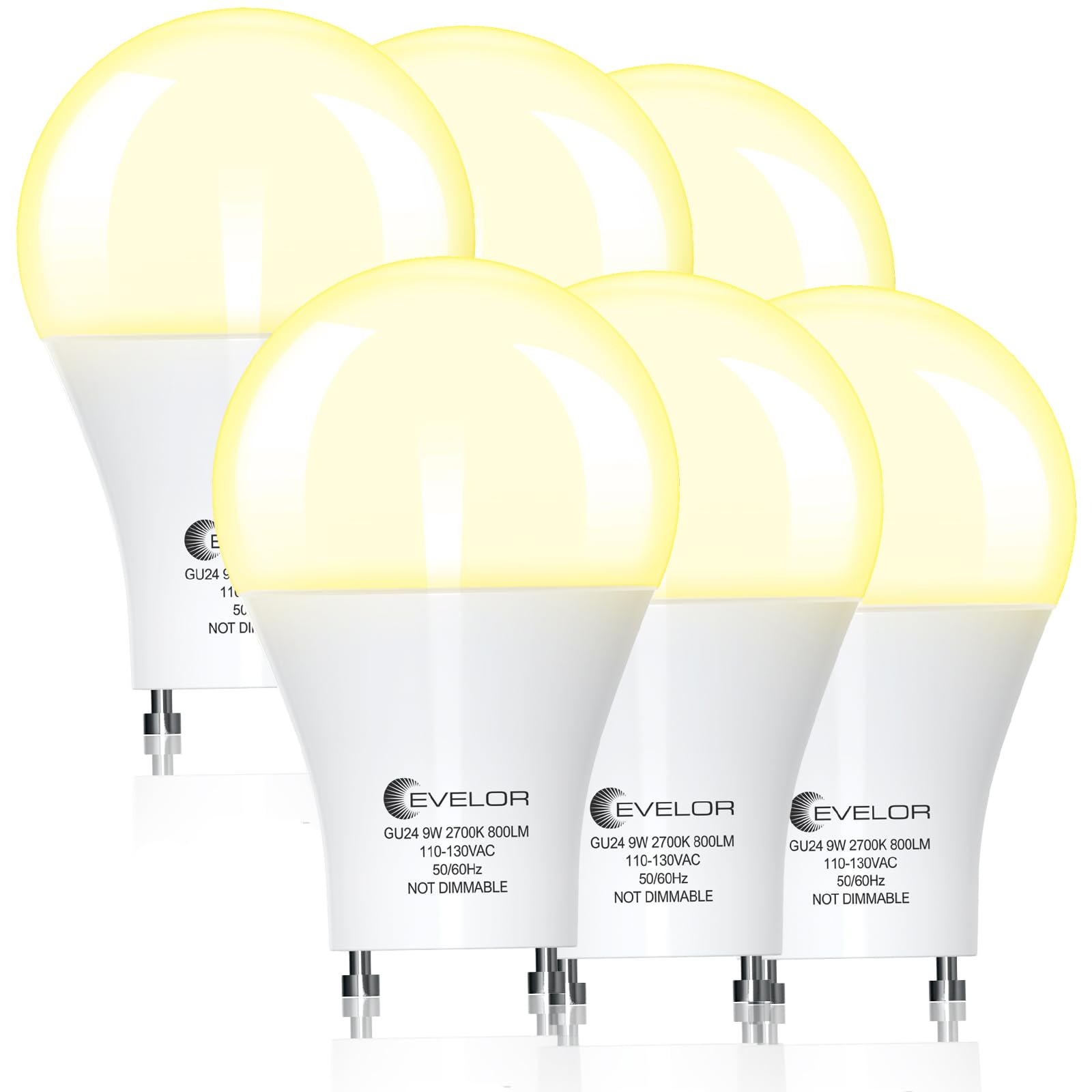Evelor Gu24 Led Light Bulb,60 Watt Equivalent Soft White 2700K,Non-Dimmable,Efficient 9W,800 Lumens 2 Prong Light Bulbs,15000 Ho