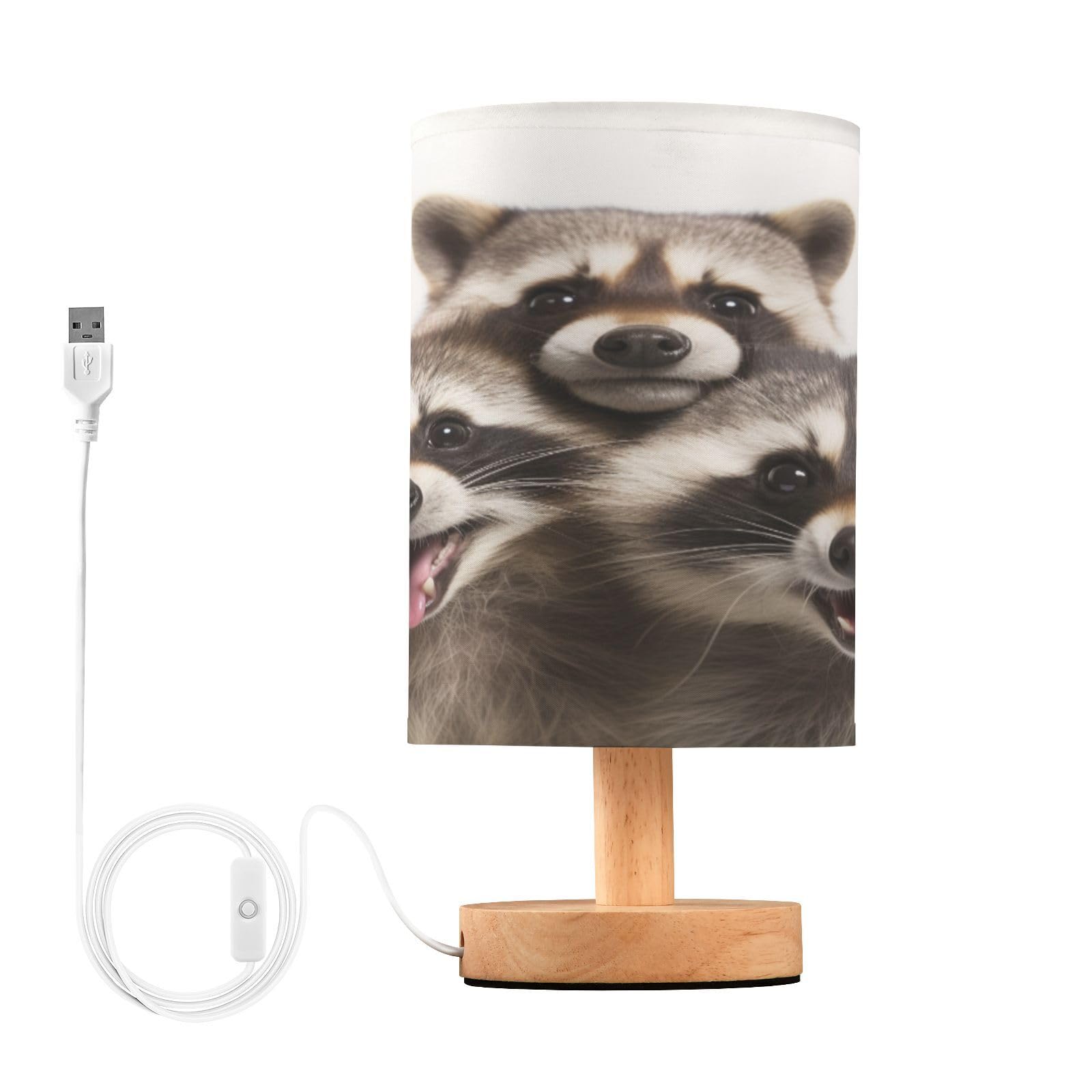 BOENLE Bedside Lamp Raccoon Family Table Lamp for Bedroom LED Nightstand Lamp Shade USB Ports Wood Base for Living Room Dorm Off