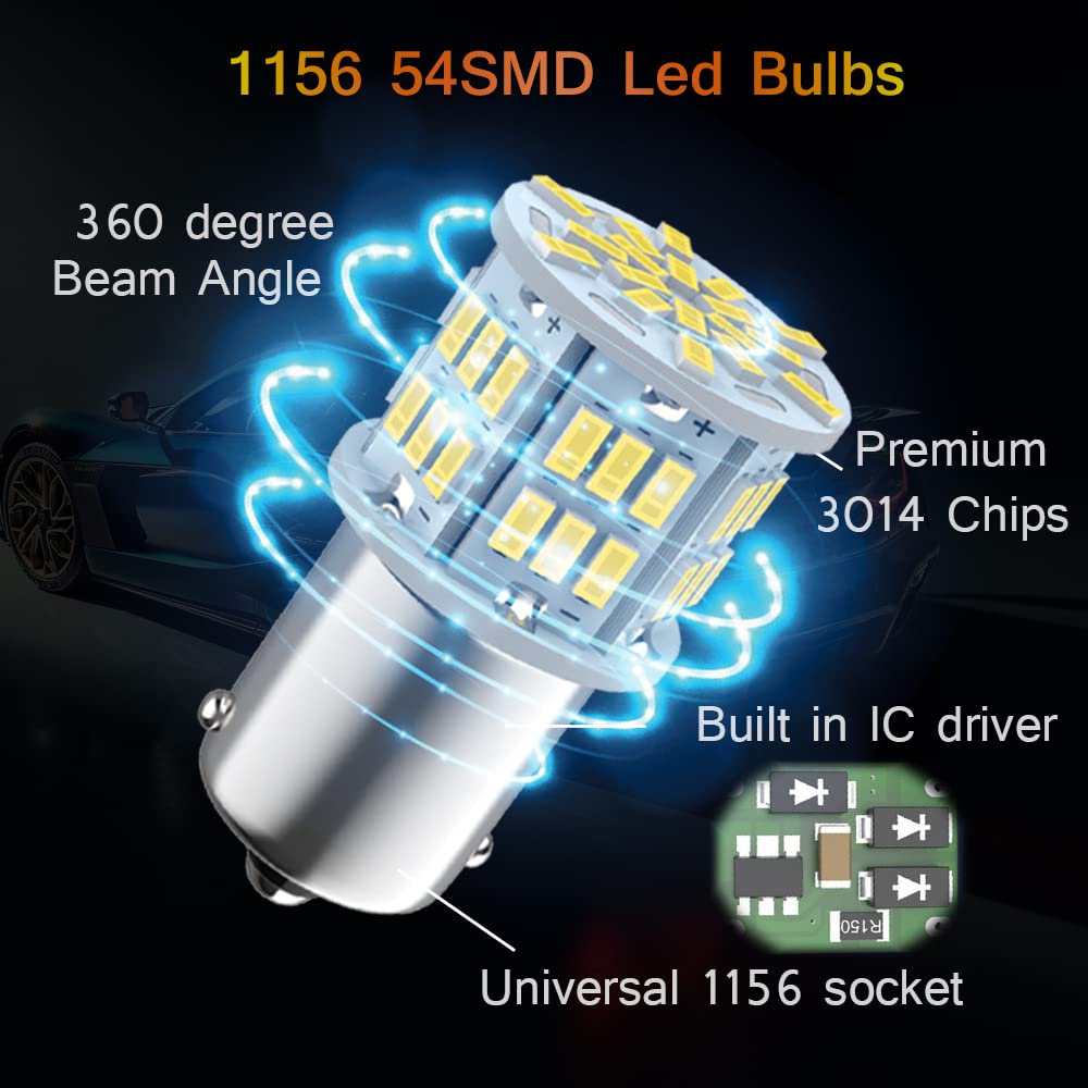 Melphan-Auto 1156 LED Bulbs, 54SMD, 12V-24V, White, 2pcs for Truck Car Backup Reverse Lights and Tail Parking Lights