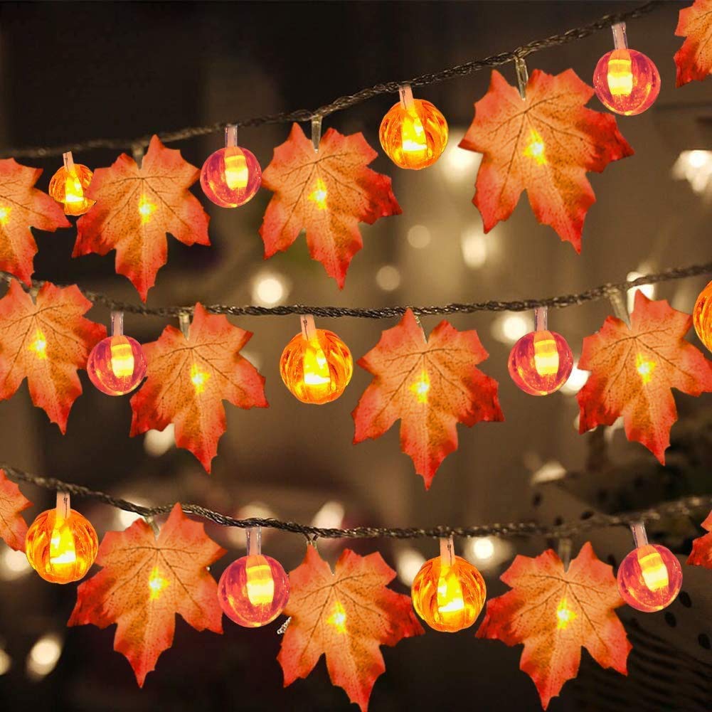 3 Pack Thanksgiving Decorations Fall Garland With Pumpkin Lights & Enlarged Maple Fall String Lights Pumpkin Decor, 30Ft 60Led Waterproof Battery Operated Fall Decorations For Home Indoor Outdoor