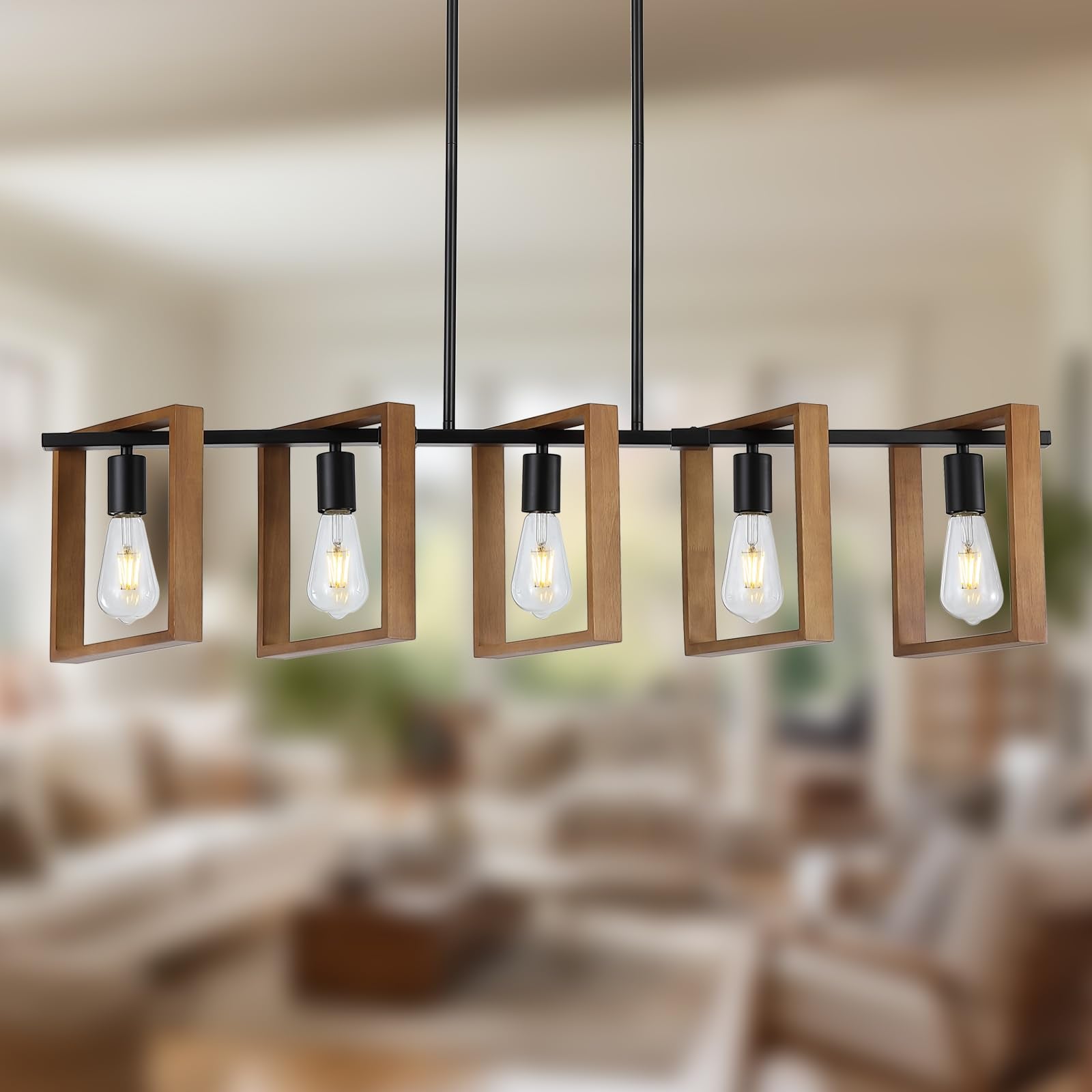 9MMML 41.5'' Kitchen Island Lighting,5 Lights Dining Room Light Fixtures, Rustic Farmhouse Height Adjustable Wood Chandeliers fo