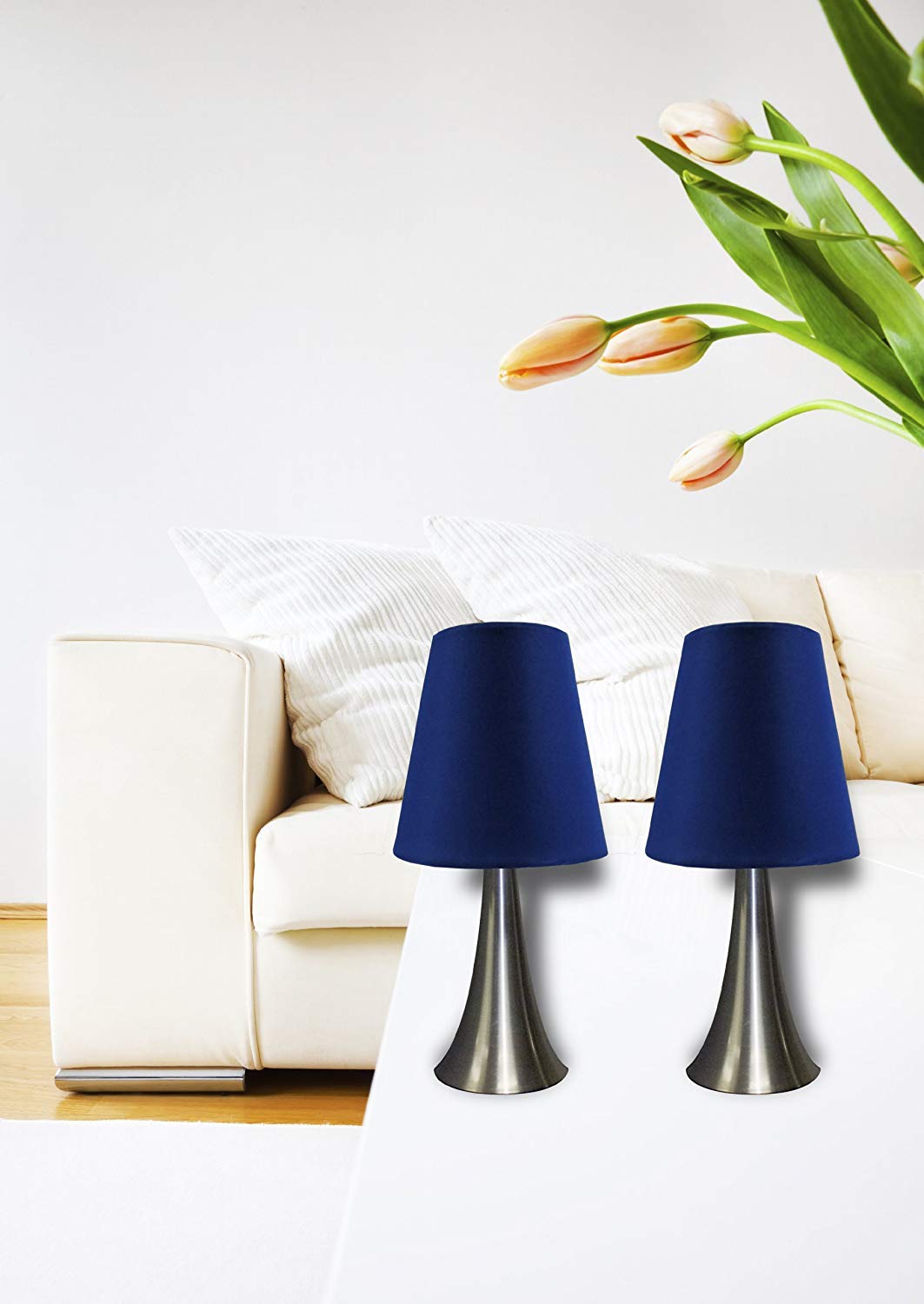 Simple Designs Valencia 2 Pack Mini Touch Table Lamp Set With Fabric Shades Blue