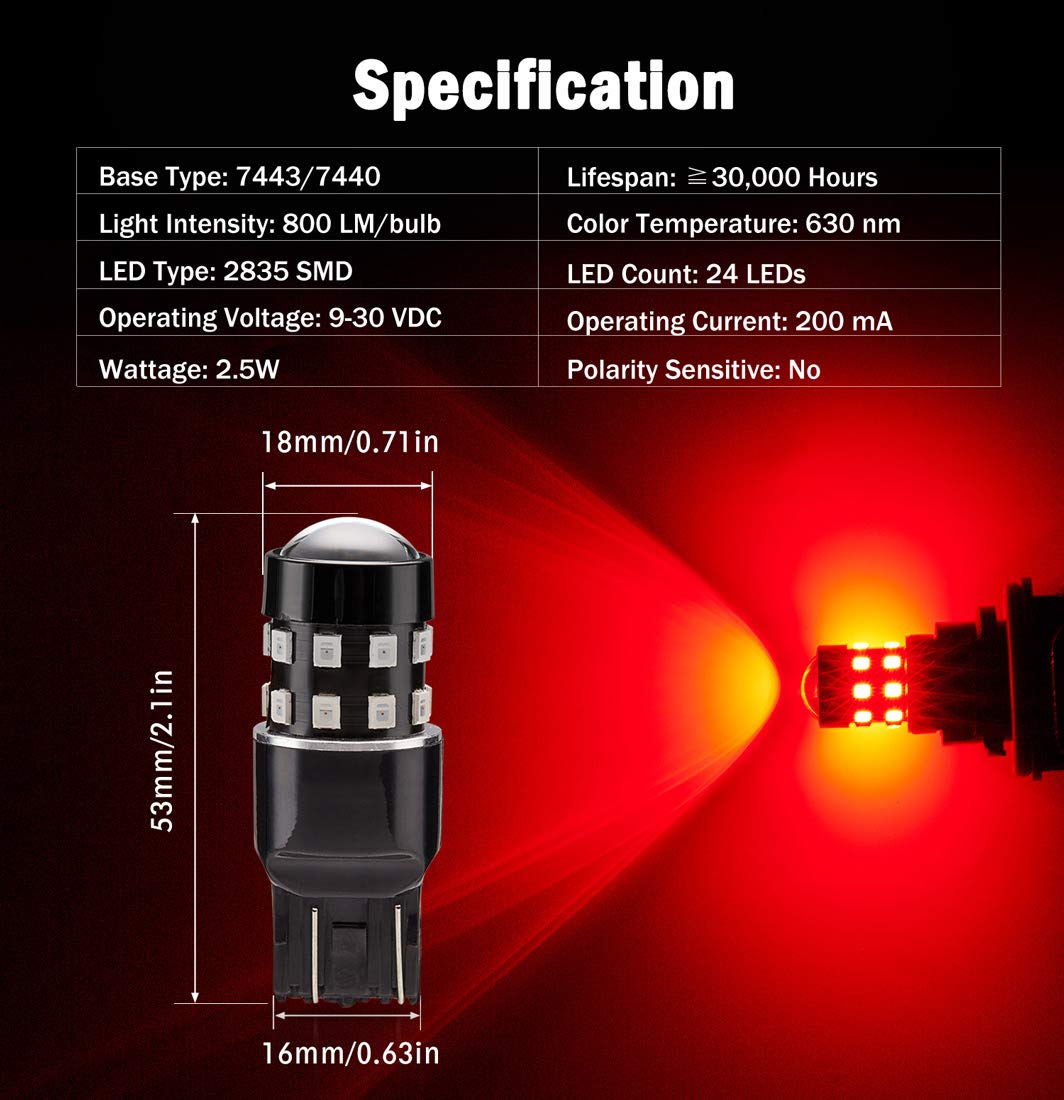 Brishine Super Bright 7443 7440 7444 992 T20 Led Bulbs Brilliant Red 9-30V Non-Polarity 24-Smd Led Chipsets With Projector For Brake Tail Lights, Turn Signal Lights(Pack Of 2)