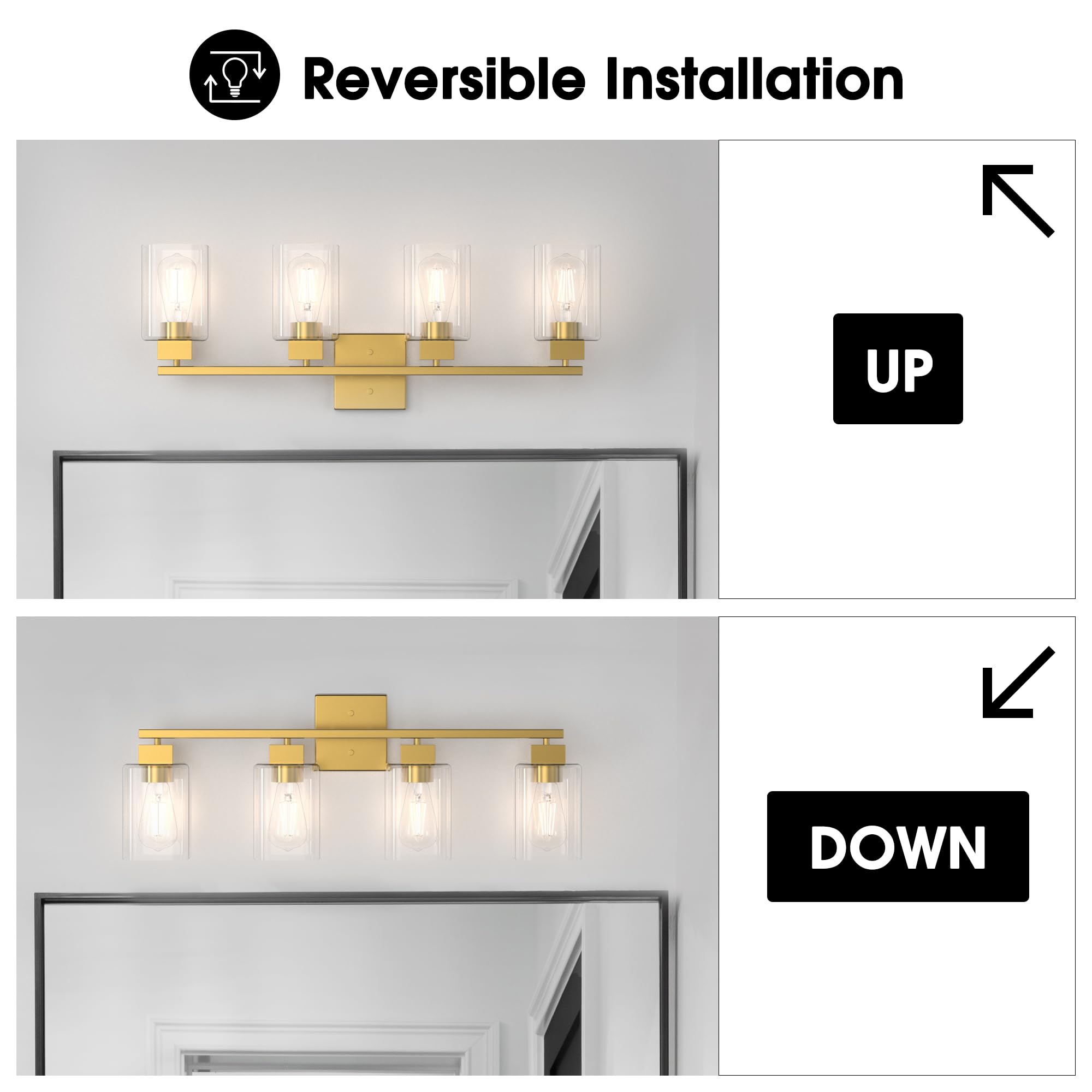 Espird 4 Light Bathroom Vanity Light - Brass Gold Light Fixture Bathroom Square Design & Ul Certification, Square Vintage Bathro