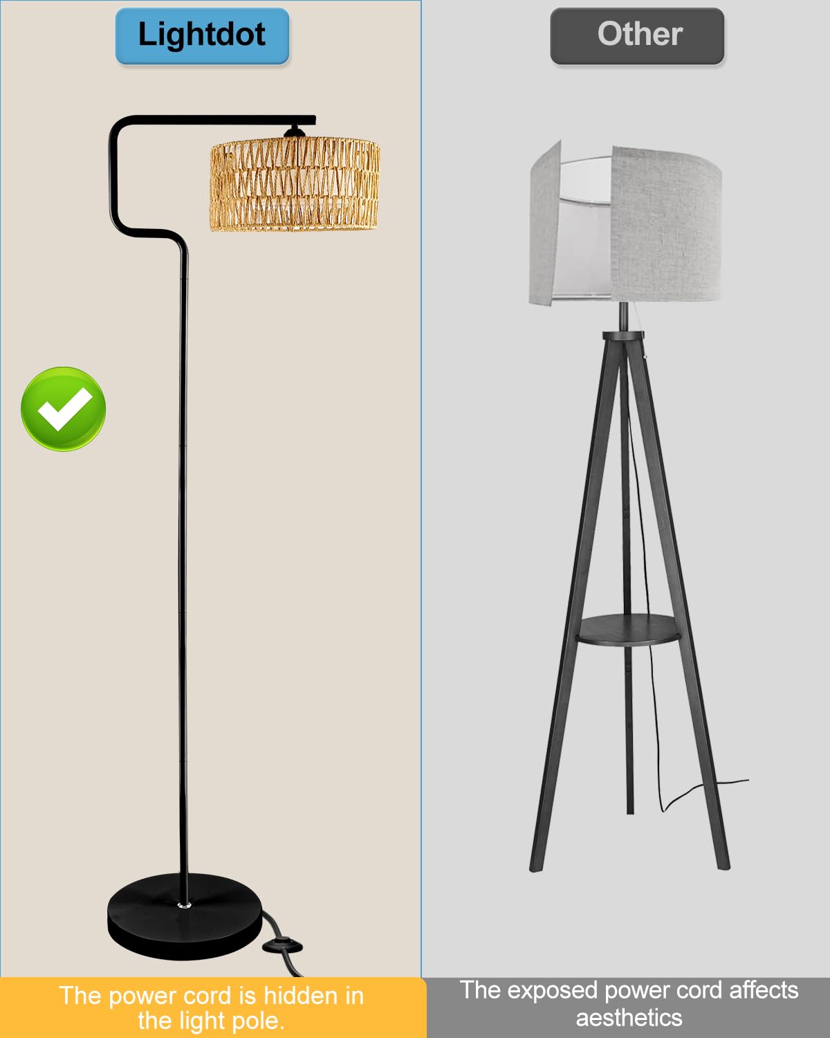 Lightdot 62In Rattan Floor Lamps For Living Room, Boho Standing Lamp With Rattan& Linen Double Shades, Arc Standing Floor Lamps,