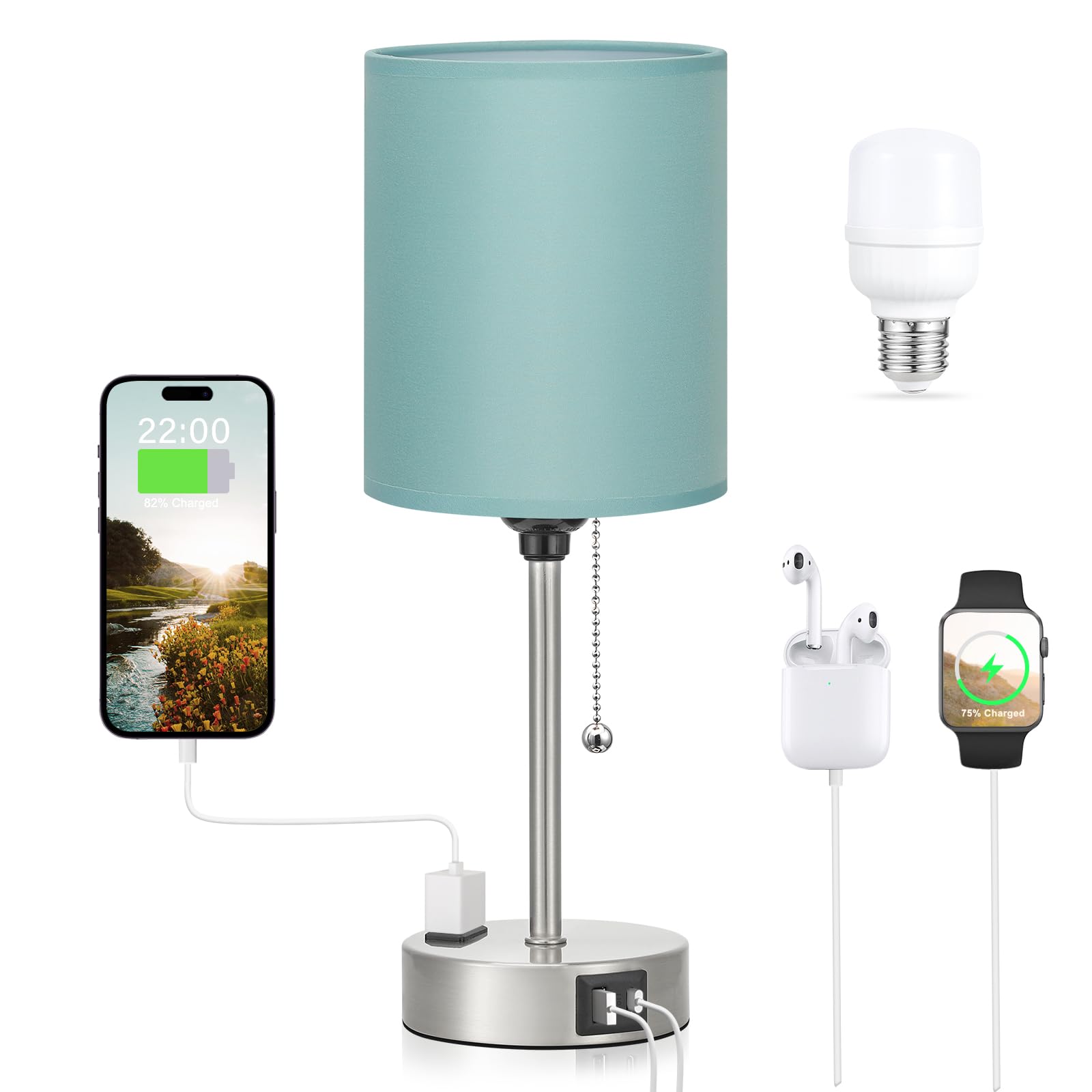 Dicoool Teal Bedside Lamp for Nightstand - 3 Color Temperature Table Lamp with USB C and A Ports, Pull Chain Lamp for Bedroom with AC Outlet, Desk Lamp with Silver Metal Base for Kids Girls