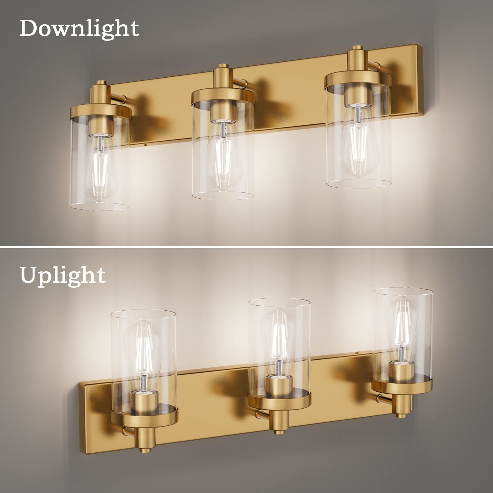 Aipsun Gold Vanity Light 3-Light Aluminum Bathroom Lighting Fixture GW-1136 with Clear Glass Shade