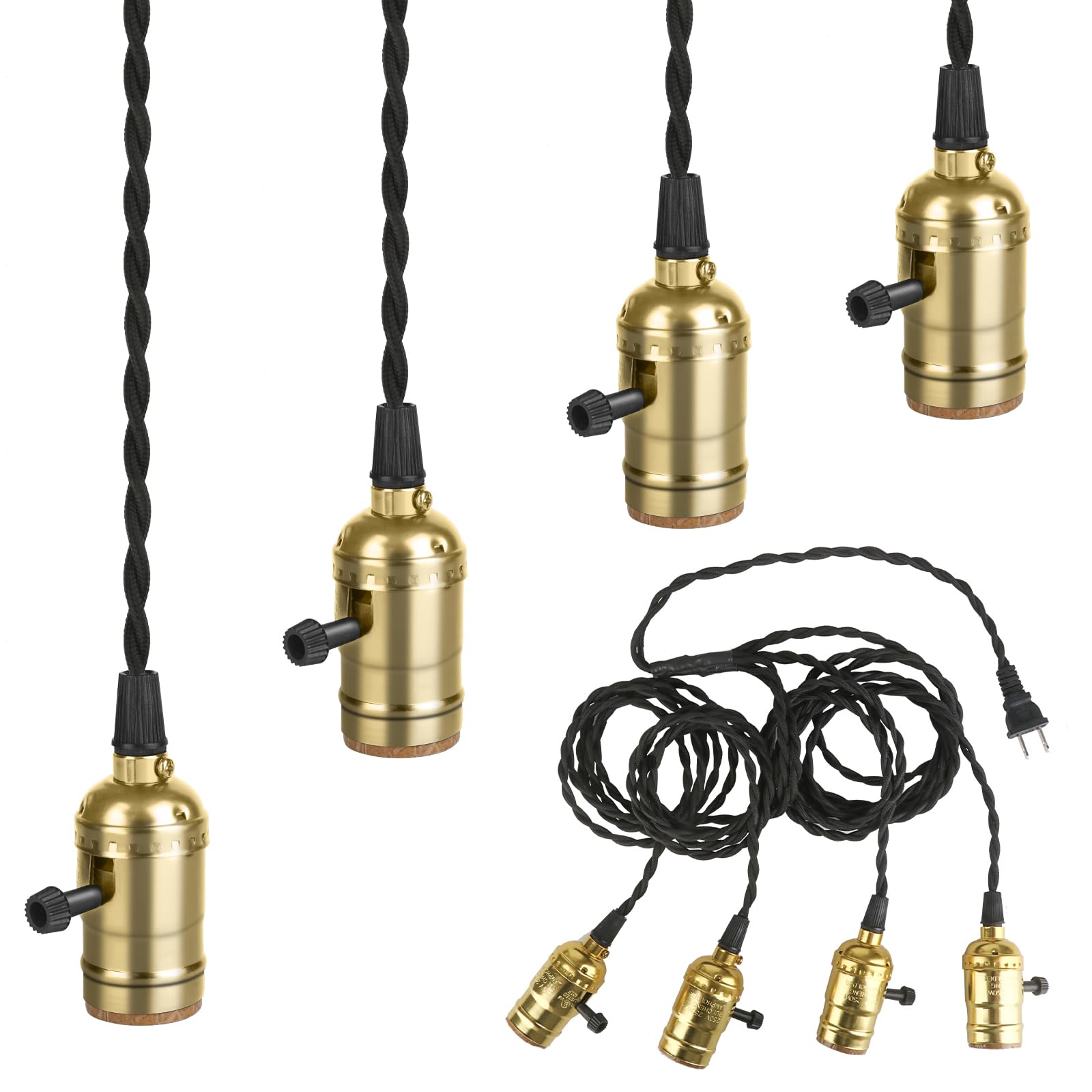 Aokpsrt Vintage Plug-in Pendant Light, 4 Hanging Sockets, Metal, Gold, 19.5 ft Cord, Individual Switches, Model wyq-4Hanging Light-gold