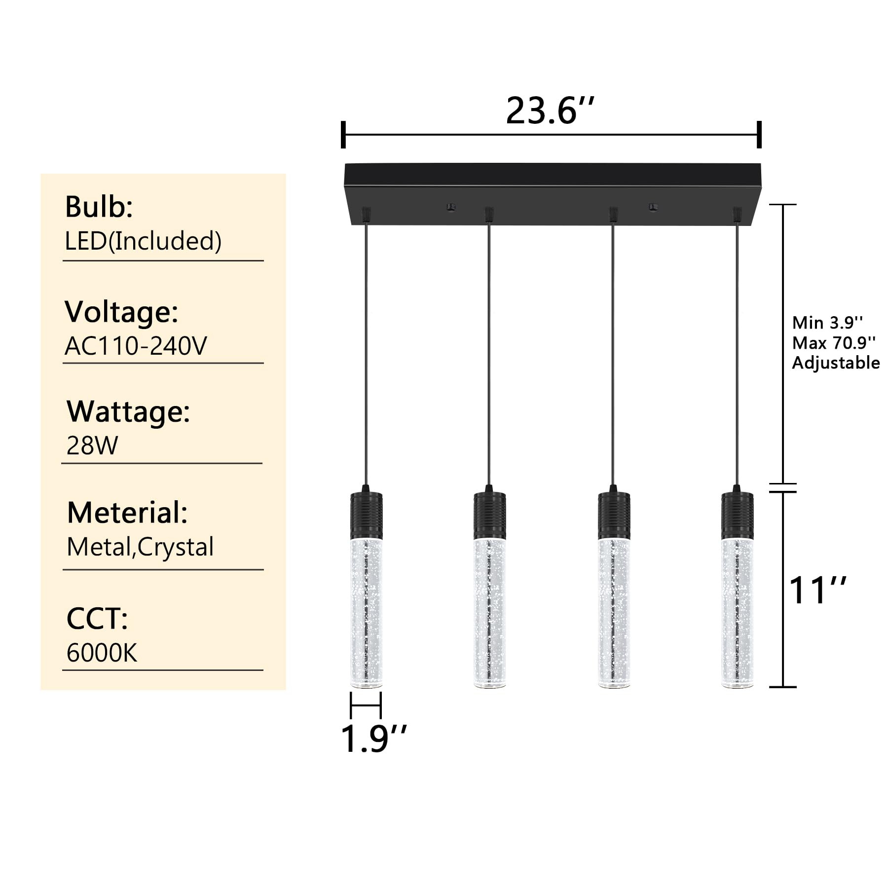 dolria 4-Lights Mini Modern Crystal Chandelier, Black LED Ceiling Light for Kitchen, Dining Room & Bedroom, Model PC0019-4Tchang-B