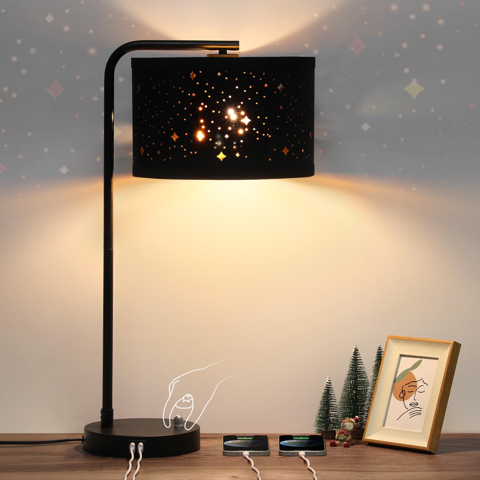 Bedside Table Lamp, Fully Dimmable Table Lamp with 2 USB Ports, Modern Nightstand Lamps with Stars Shade, USB Side Table Lamp, T