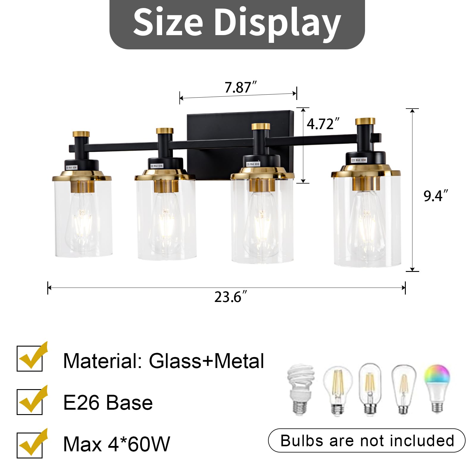 Aixialin 4 Light Bathroom Vanity Light, Modern Black And Gold Vanity Lights For Bathroom Over Mirror, Vintage Sconce Wall Lighti