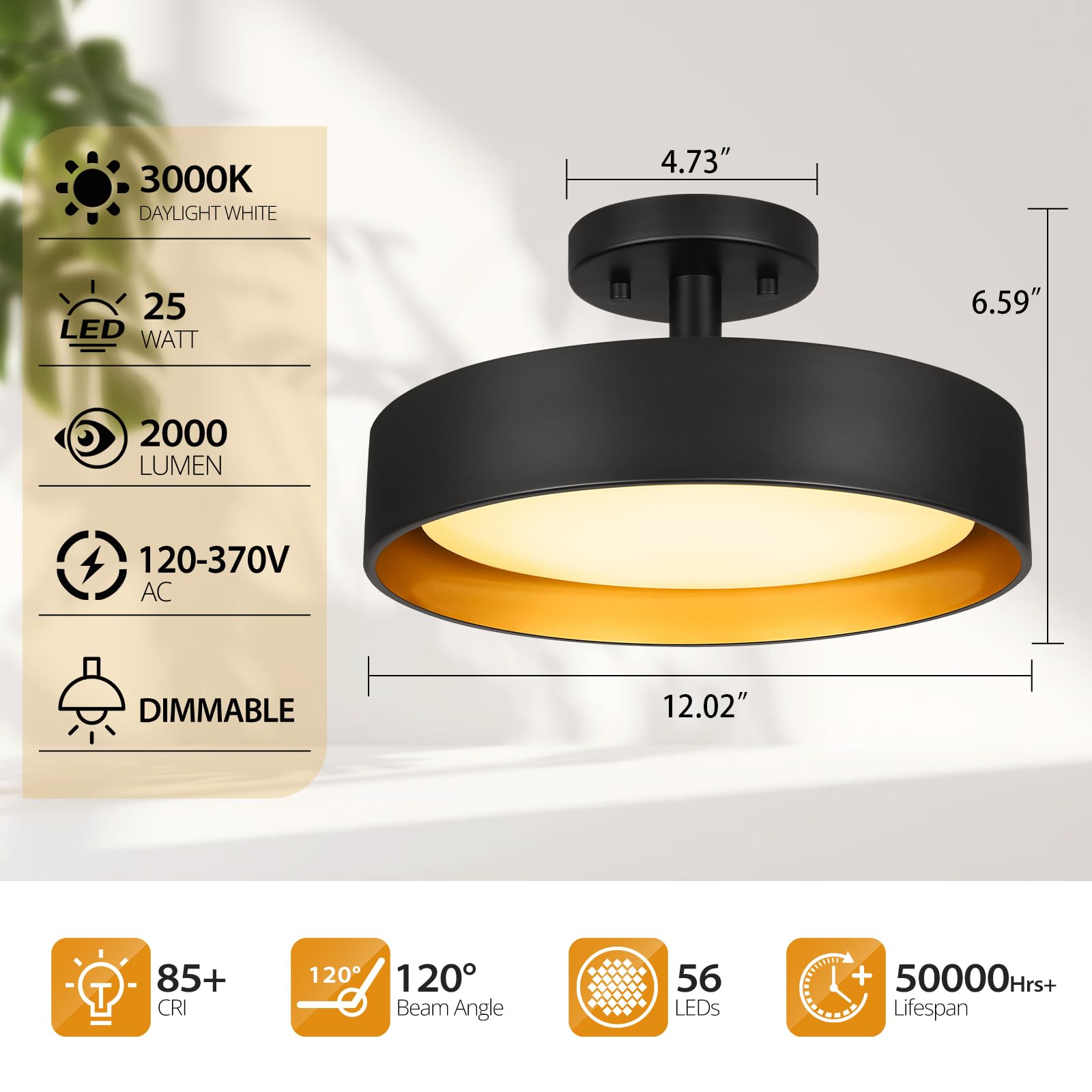 Sunrider Semi Flush Mount Led Ceiling Light Fixture, 12-Inch 25W 2000Lm Black Pendant Lamp For Entrance Attic, Gold Inside, 3000