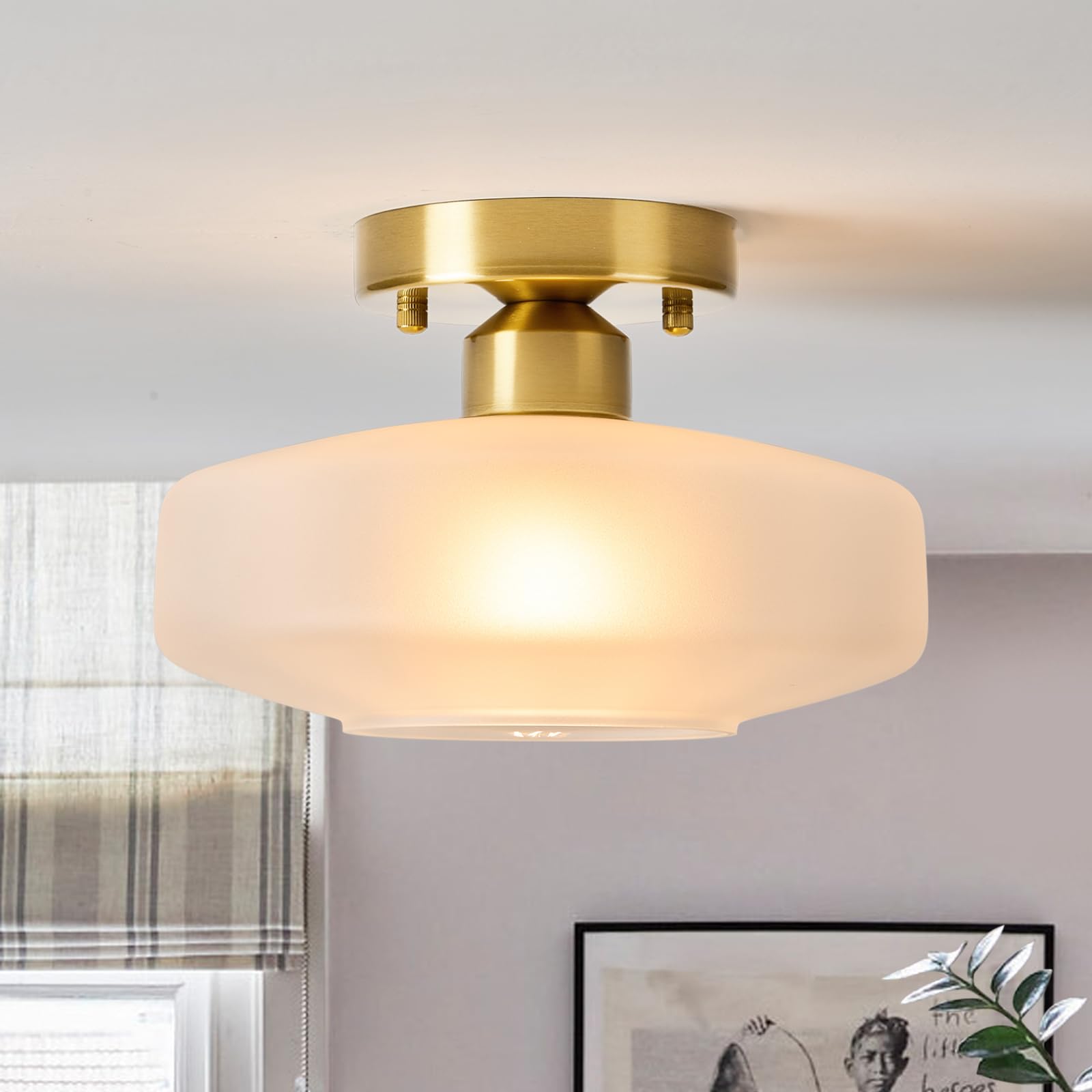 Huawiya Flush Mount Light With Frosted Glass Shade, Brass Gold Finish Ceiling Light Fixture For Kitchen, Hallway, Entryway, Bathroom, Closet