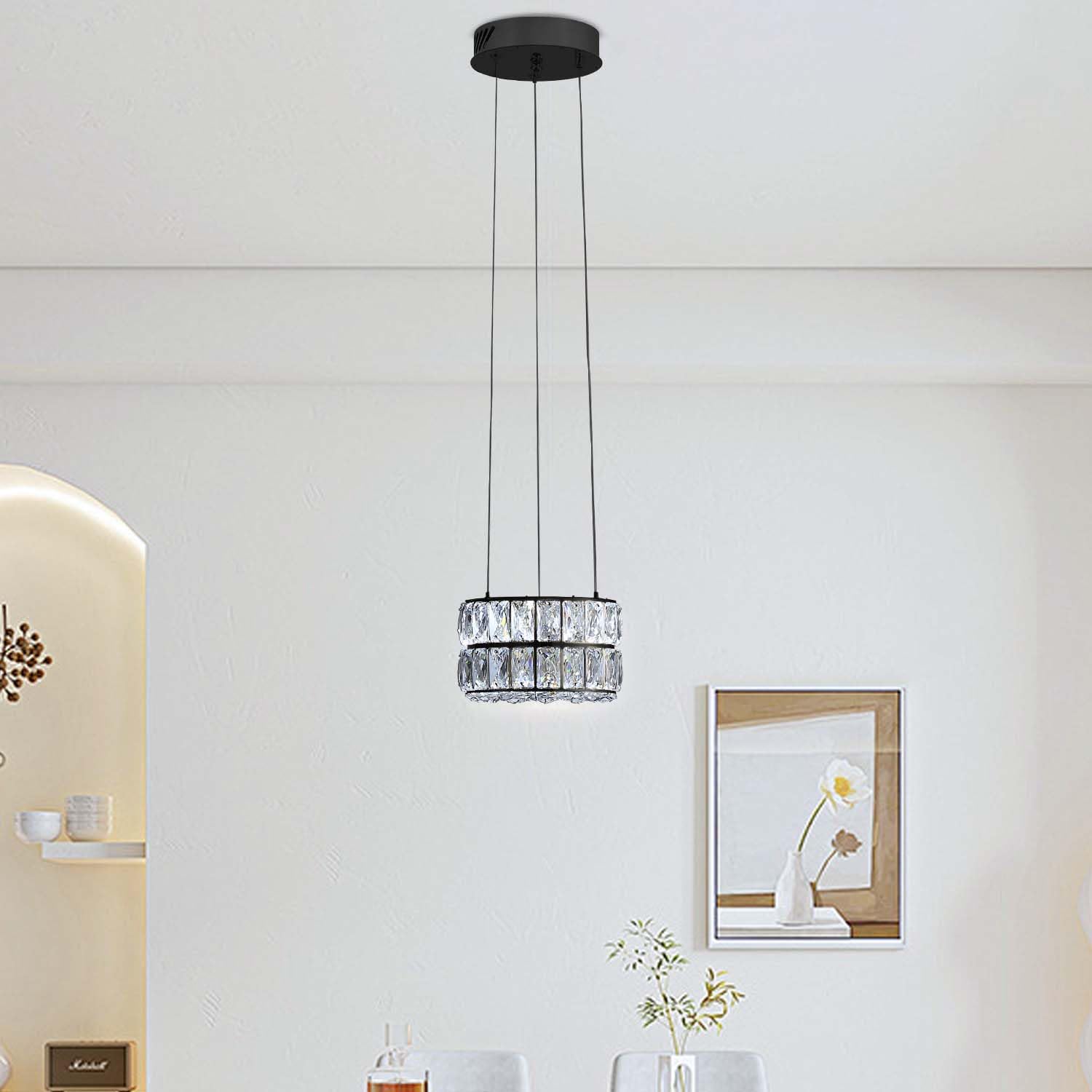 IDEQUY Led Ring Crystal Chandelier, Dimmable 7.8in  Black Ceiling Light, Stainless Steel, Model CF8024-20H