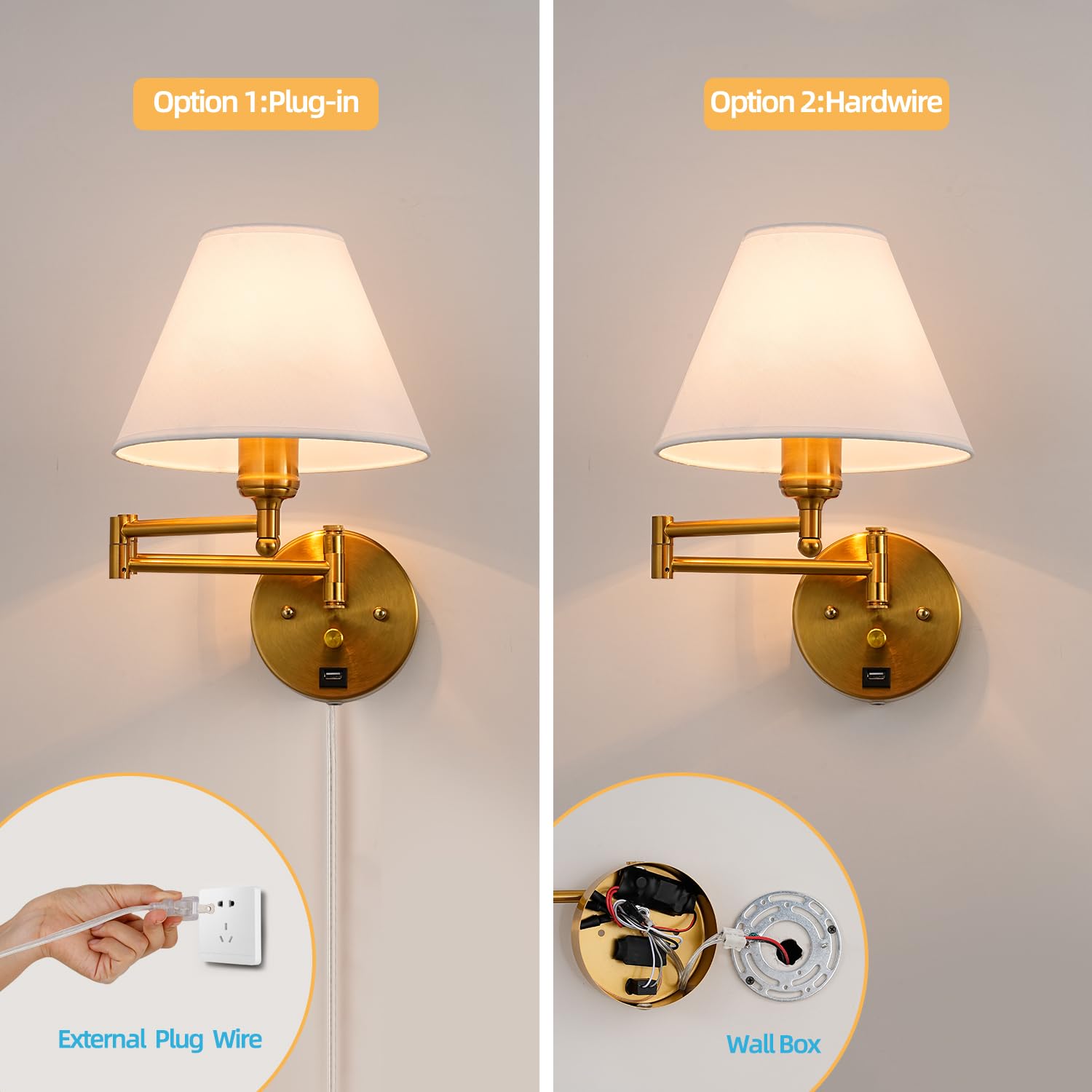 PFQCGU Swing Arm Wall Sconce, Dimmable USB Lamp, White Fabric Shade, Golden Finish, Model AR-998, Ideal for Bedroom & Living Room