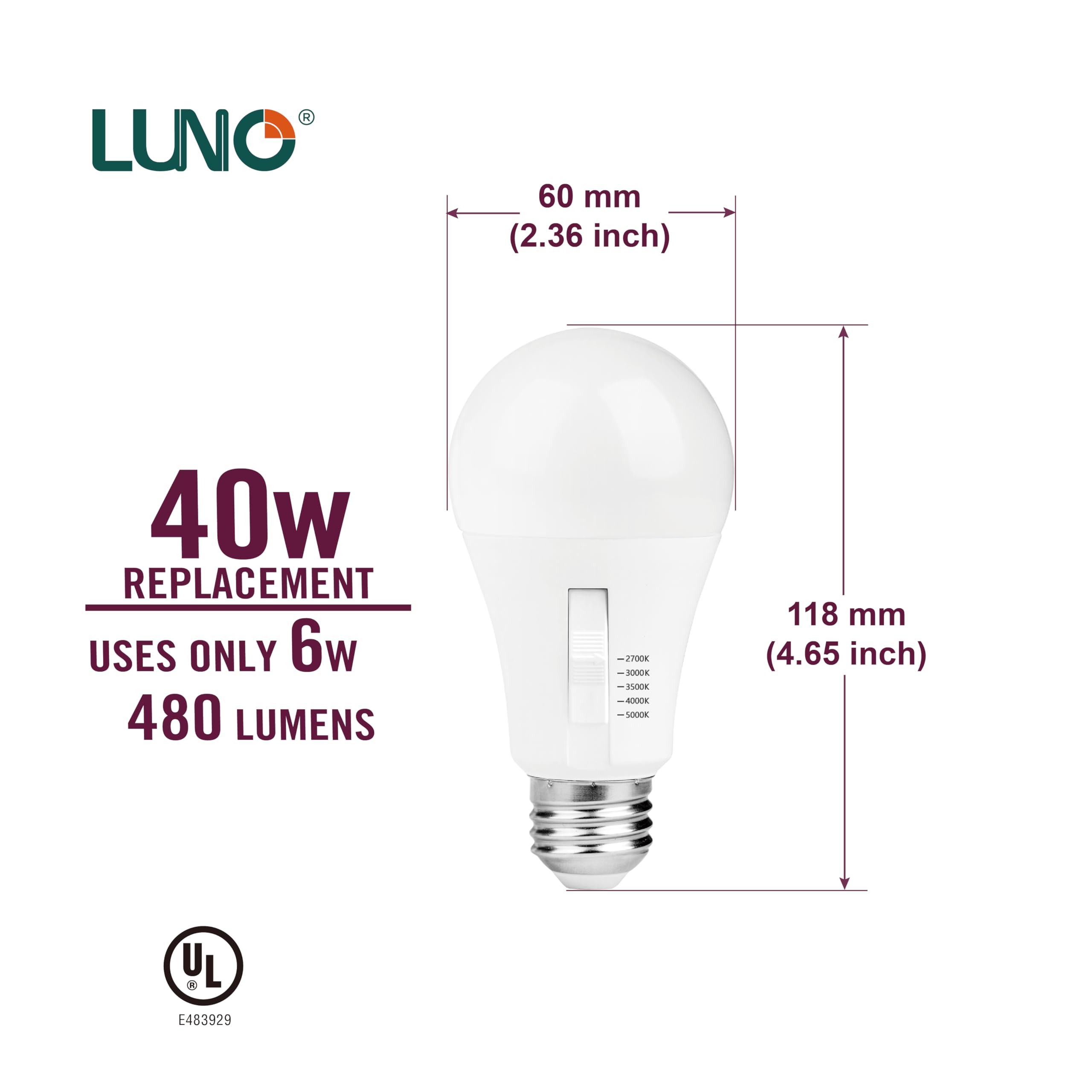 Luno A19 Dimmable Led Bulb, 6W (40W Equivalent), 480 Lumens, 4000K (Neutral White), Medium Base (E26), Ul Listed (4-Pack)