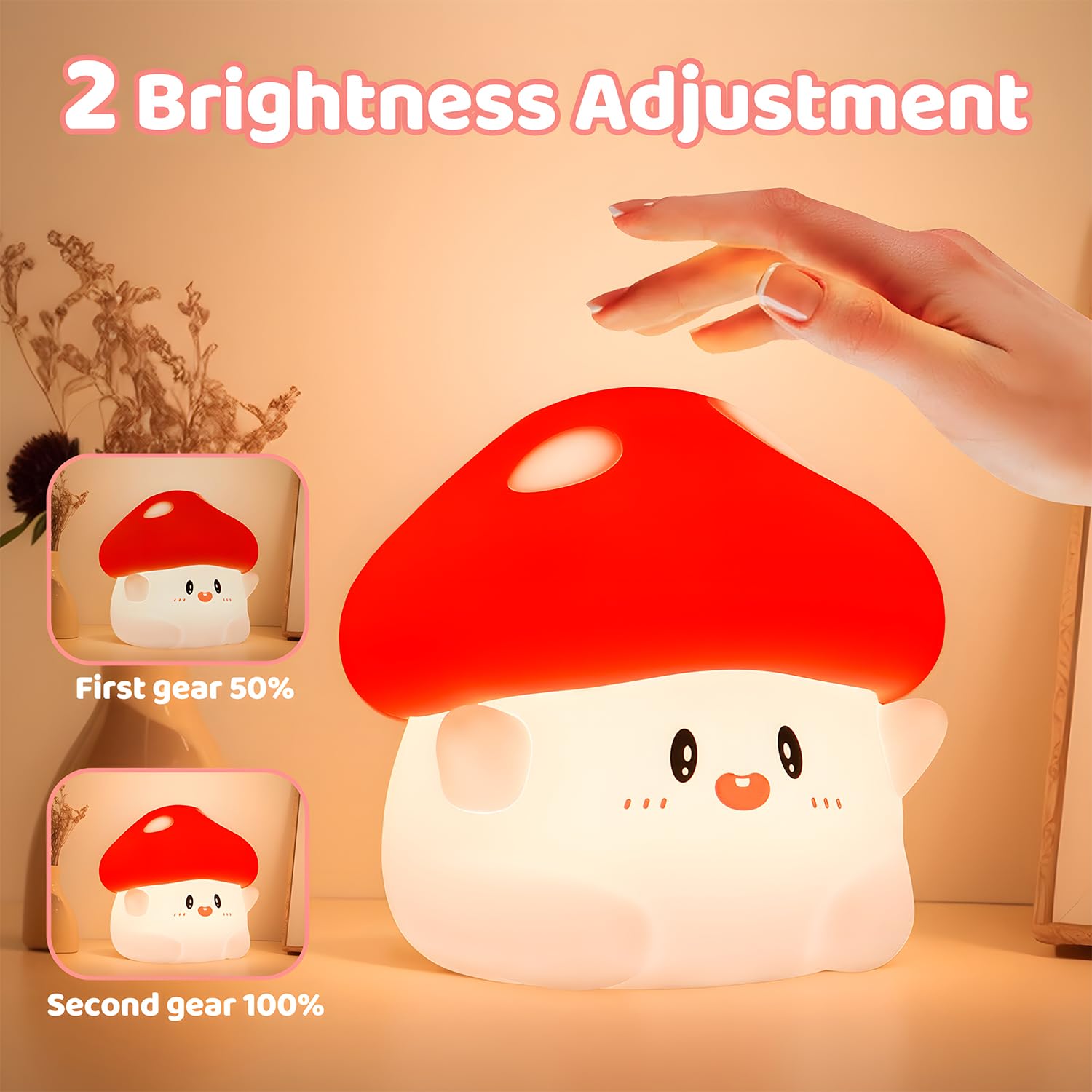 Emmanoth Mushroom Night Light - LED Silicone Touch Lamp, Rechargeable, Dimmable, White/Red, Nursery Decor, Model: Emmanoth-CA-NL-Mushroom