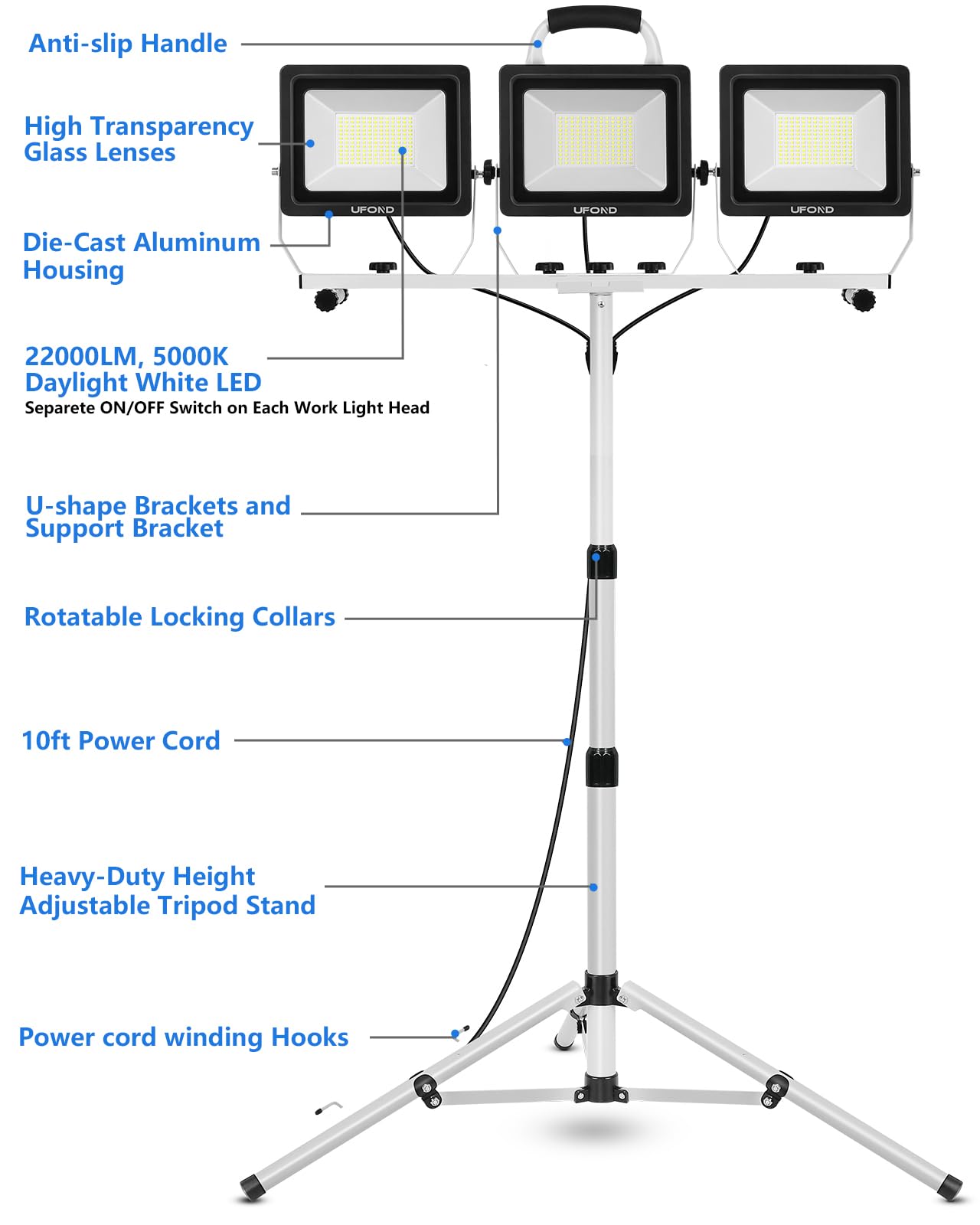 Ufond 22000 Lumen Led Work Light With Stand,3 Head Portable Work Lights With Individual Switch,Waterproof Work Lamp, Adjustable