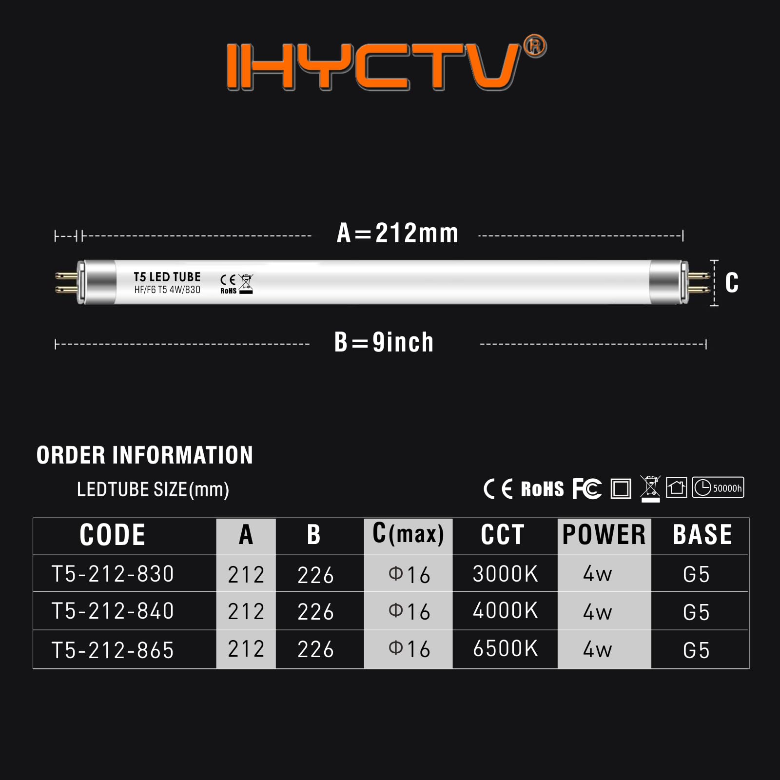 Ihyctv F6T5Ww Led T5 Tube 4W 9 Inch Linear Fluorescent Bulb Replacement, 520 Lumen, 3000 Kelvin, Warm White, G5 Base, Plug & Pla