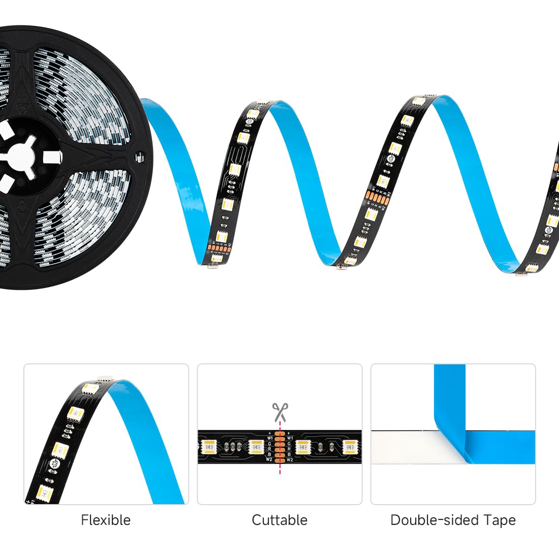 BTF-LIGHTING RGBCCT LED Strip Light, 300 LEDs, 16.4ft, Dimmable, Tunable 2700K-6500K, Black PCB, Model
