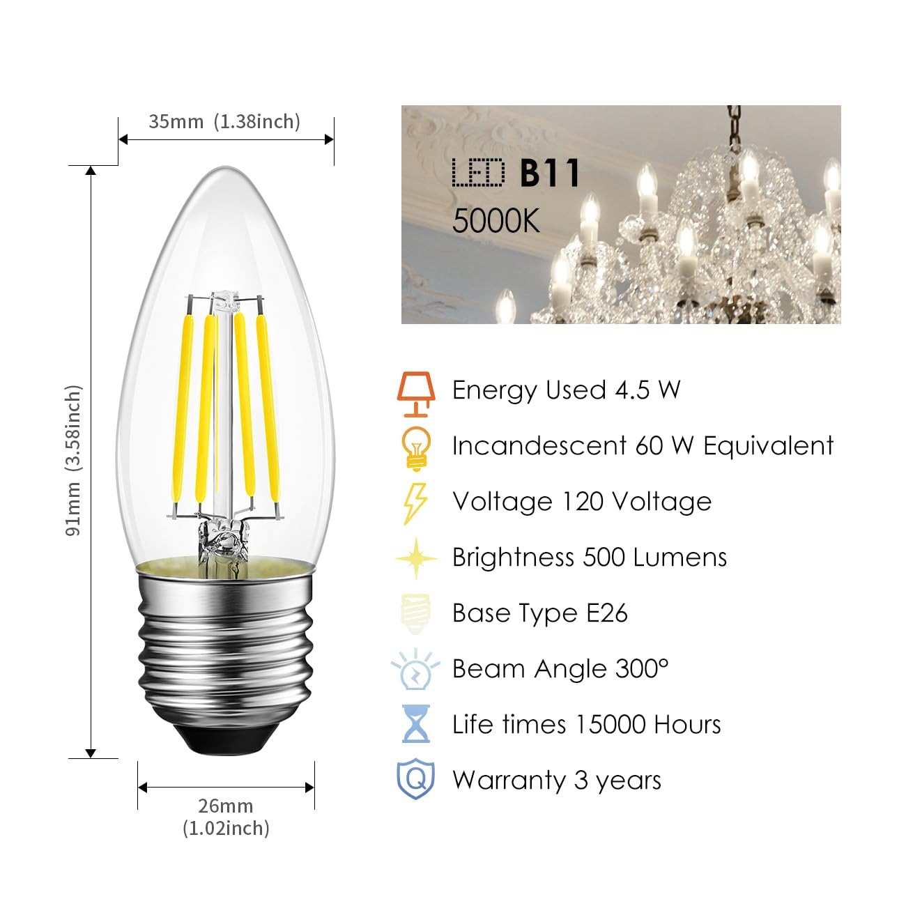 Lvwit B11 Led Filament Bulb E26 Candelabra Base 4.5W(60W Equivalent), Dimmable 5000K Daylight White Chandelier Decorative Candle