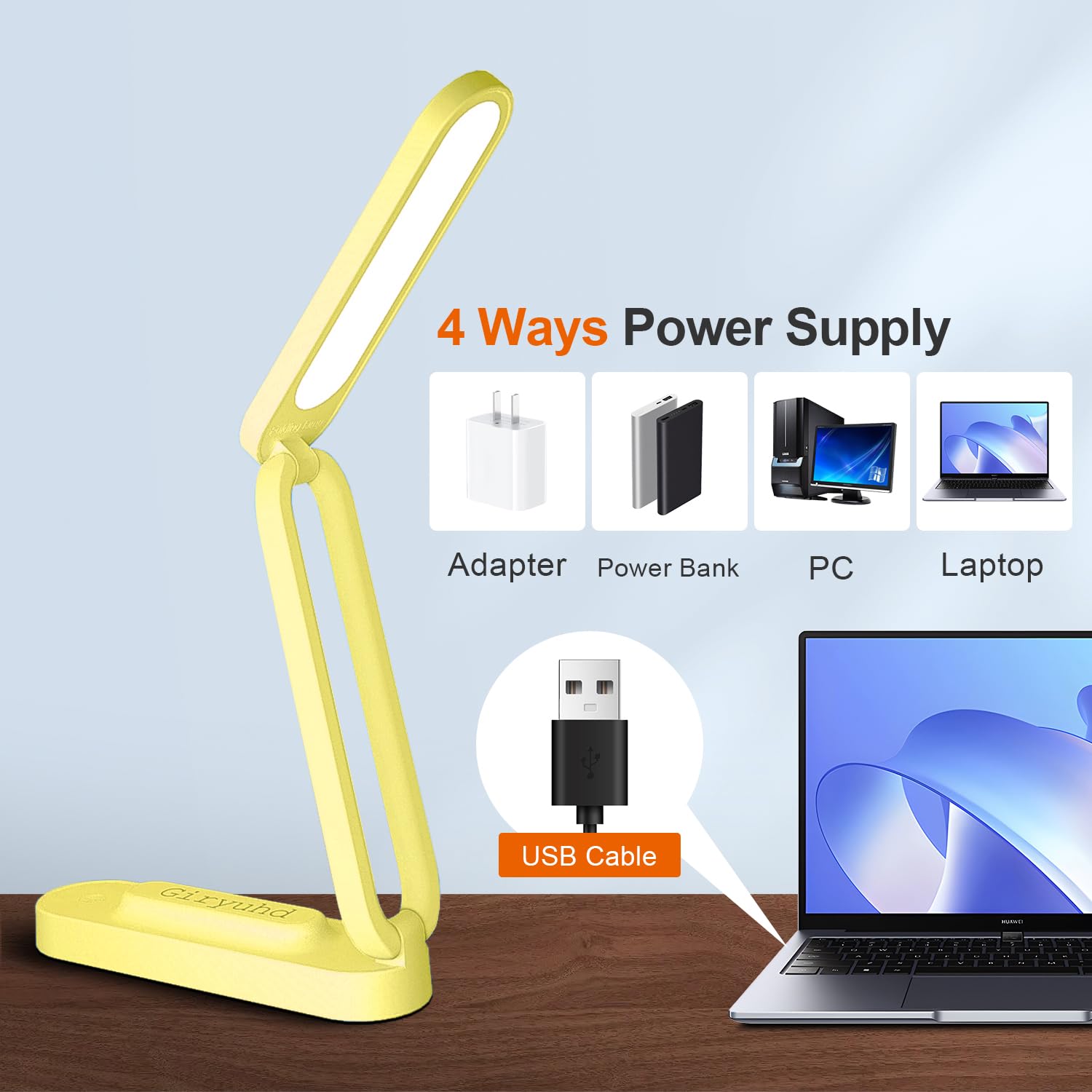 Giryuhd LED Desk Lamp Rechargeable Foldable Portable Light, 3 Brightness Dimmable, Yellow, Model A211
