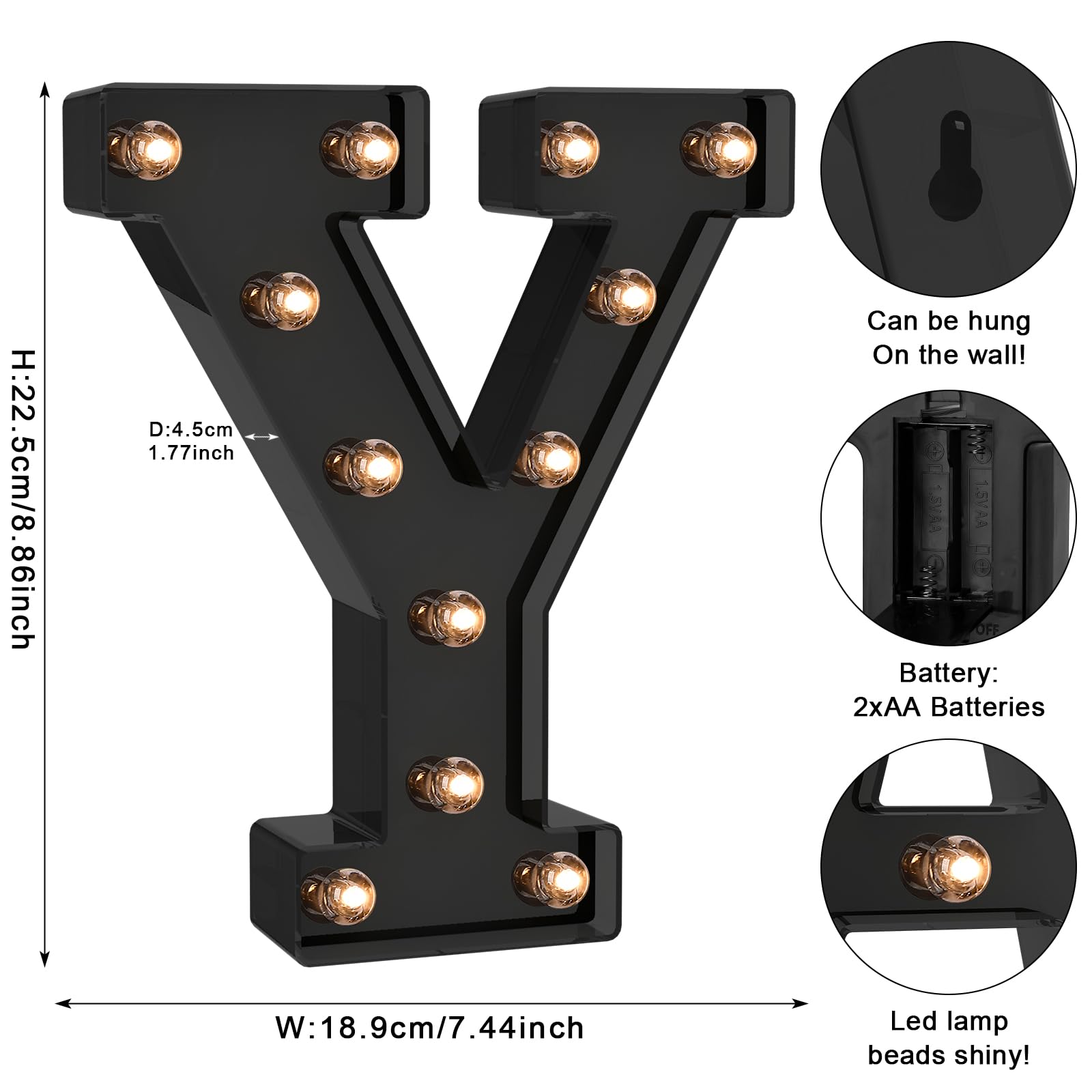 Foaky LED Letter Lights - Battery Operated Black Alphabet Lights for Room Decor - Model Black-25, Size Y