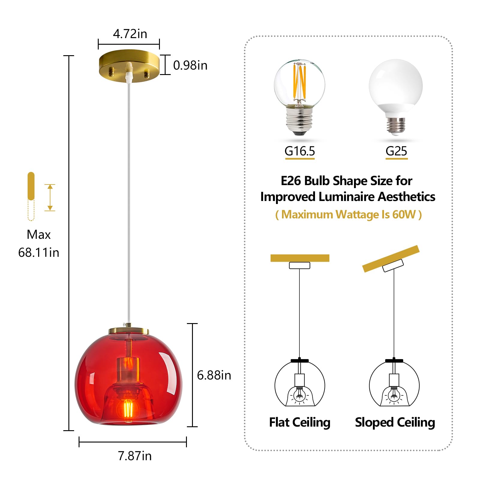 Lbsqj Red Glass Pendant Lights Kitchen Island Gold Hanging Light Fixture Glass Globe Pendant Light Modern Pendant Lighting For Kitchen Island Bedroom Dining Room (7.87  2 Pack)