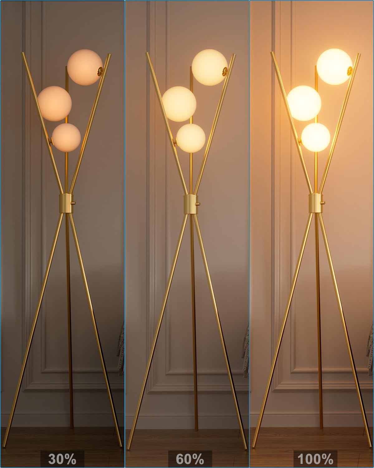 Lightdot Modern Floor Lamp - Stepless Dimmable, 3 Globe, Gold, Metal, Model LFLL, Mid Century Design for Living Room/Bedroom