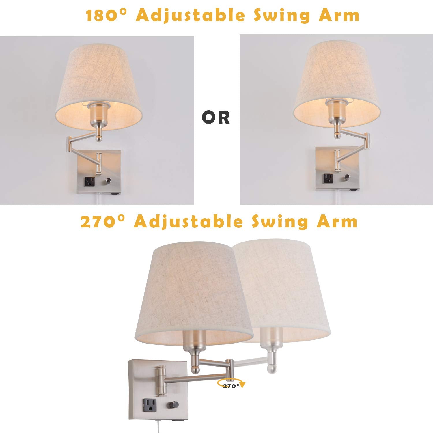 Affsure Bedside Wall Mount Light, Dimmable with USB Port, Satin Nickel, Swing Arm Fabric Shade, Model 5