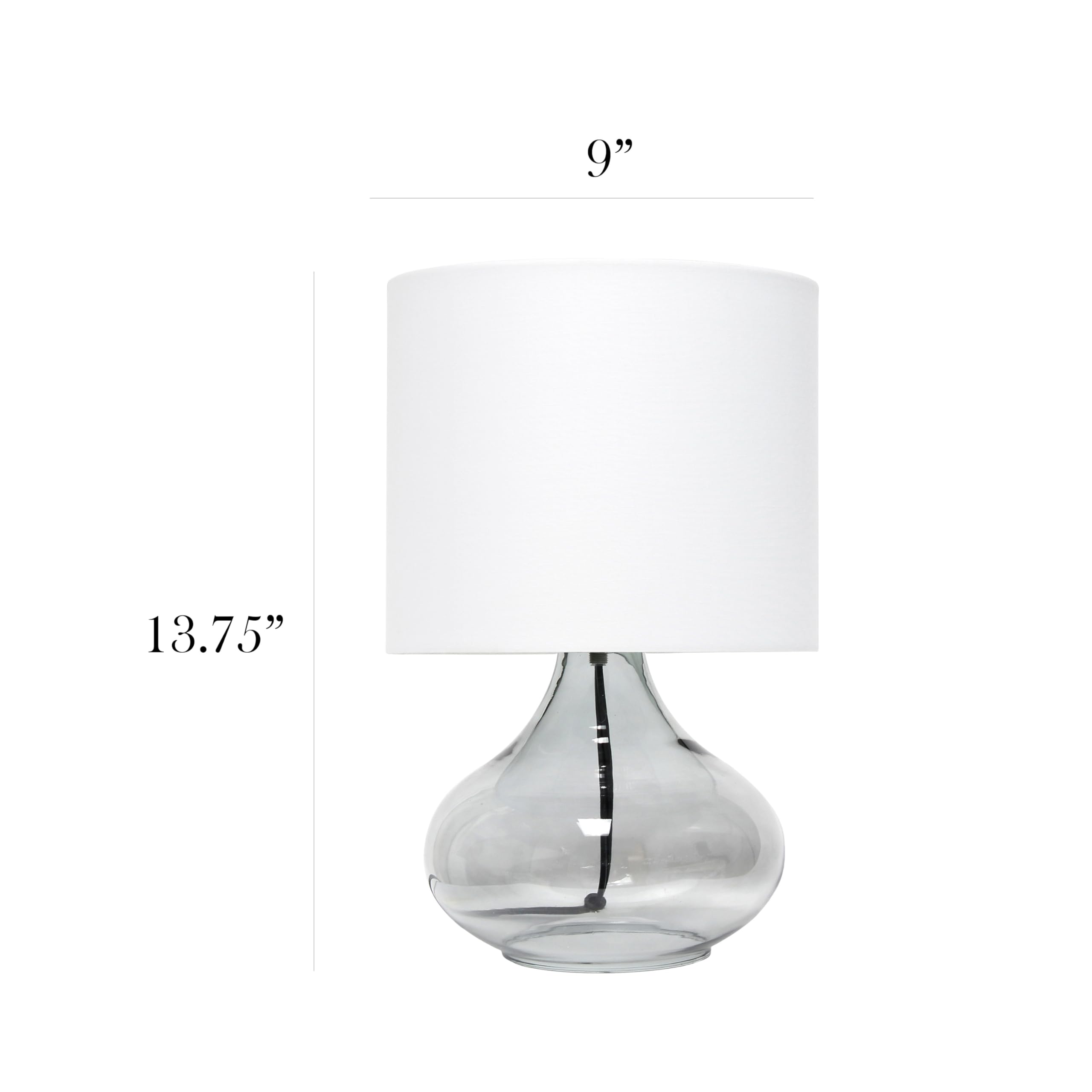 Simple Designs Lt2063-Smw Small Glass Raindrop Bedside Table Lamp With White Fabric Shade, Smoke Gray