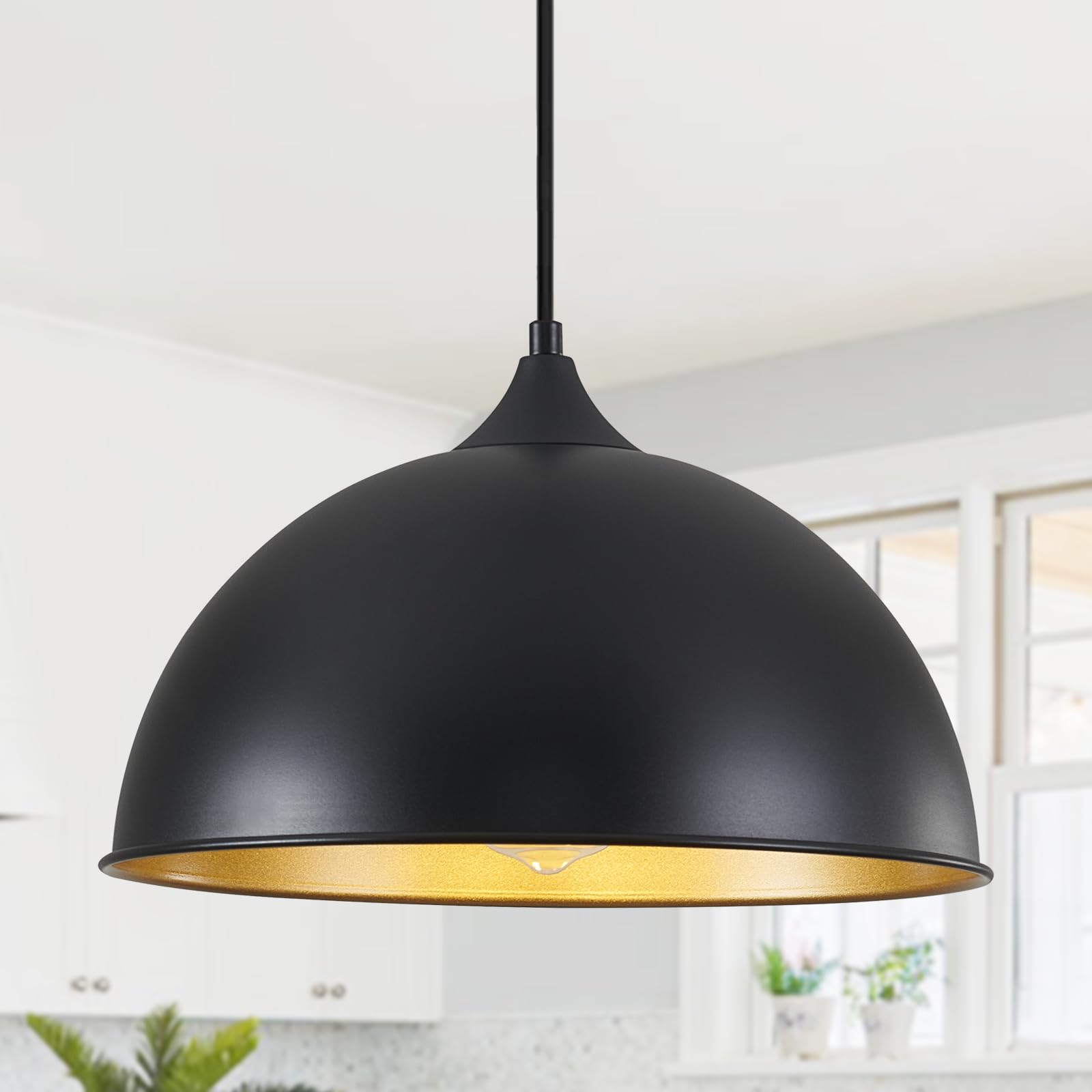 MIAYBPH Pendant Lights Kitchen Island, 12'' Black and Gold Dome Pendant Light Vintage Industrial Hanging Light Fixtures for Farm
