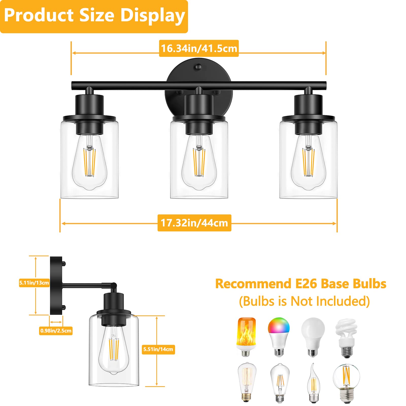 Licperron 3-Light Bathroom Wall Light, Black Metal Vanity Light with Clear Glass Shade, Modern Sconces for Home Decor