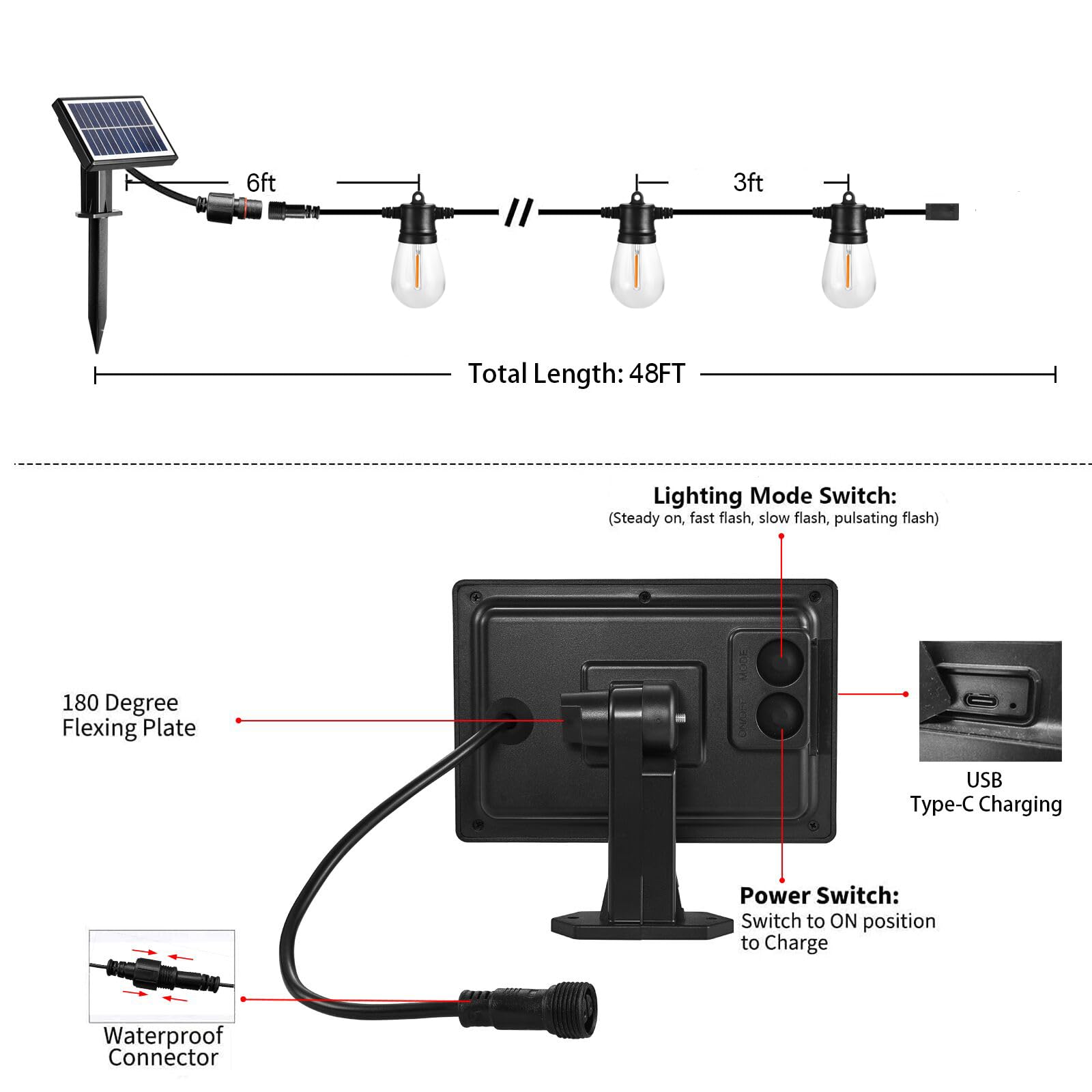 SUNTHIN Solar String Lights - 48ft Waterproof & Shatterproof Patio Lights, USB Rechargeable, Black Bulbs for Garden, Yard, Camping