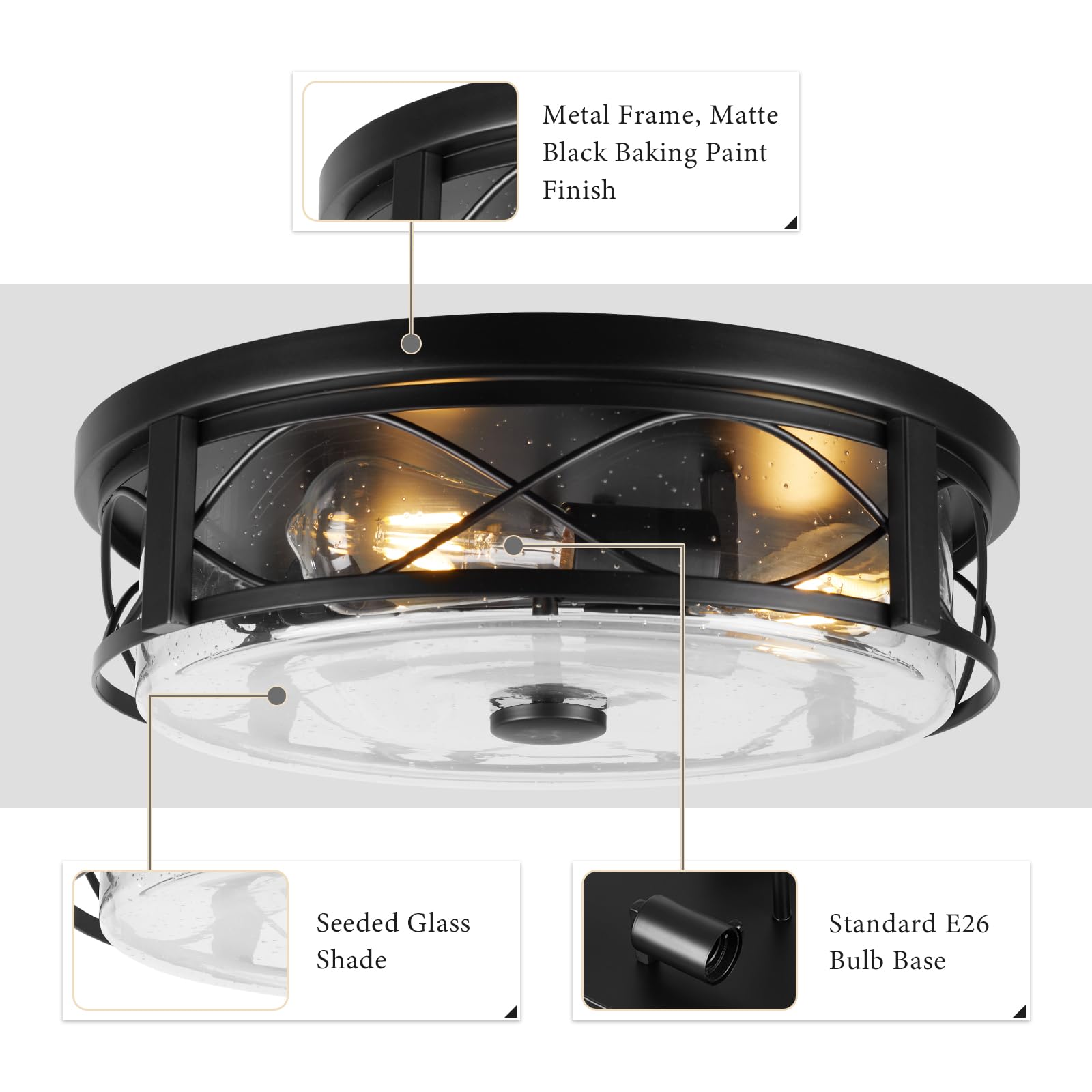 Rosient 16&quot; Seeded Glass Flush Mount Ceiling Light, 3-Light Black Lamp For Indoor/Outdoor Use
