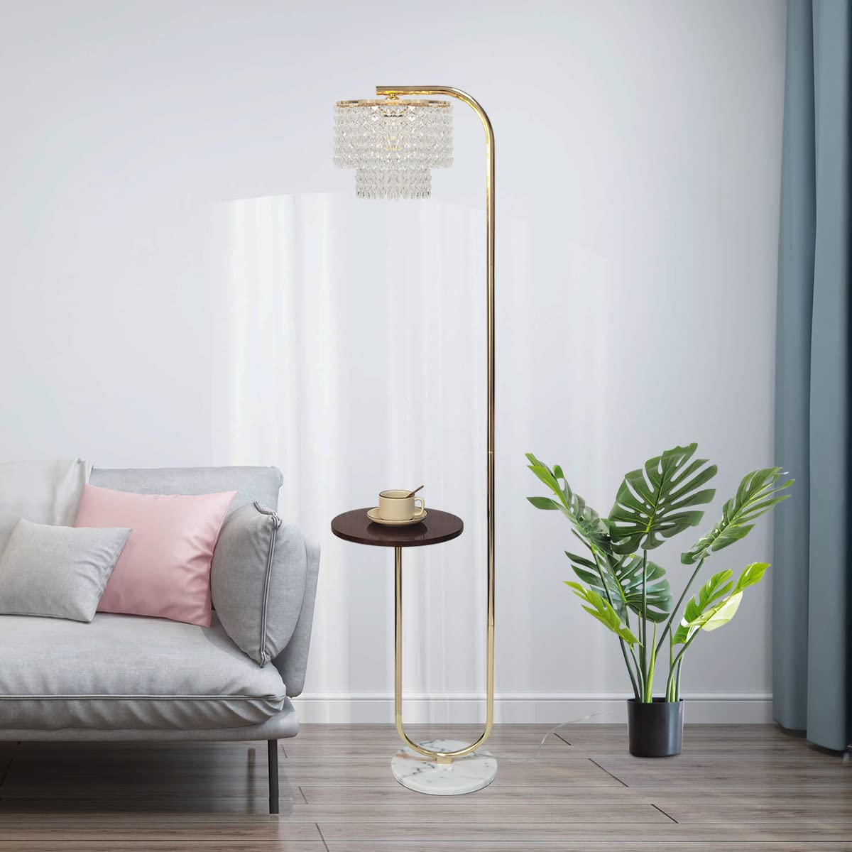 Hsyile Arc Crystal Floor Lamp For Living Room - Marble Base Modern Tall Stand Up Light With Table,Contemporary Over The Couch Go