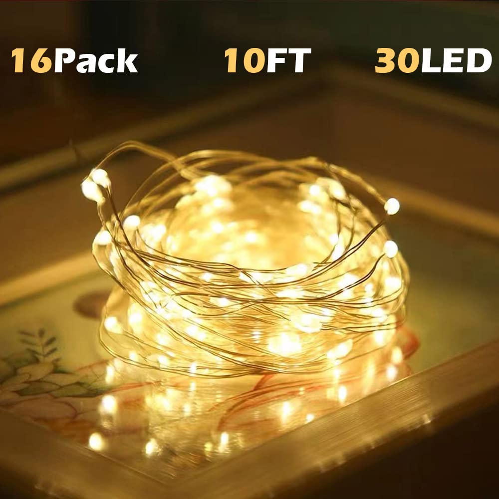 SOCO 16 Pack LED Fairy Lights - 10FT 30LED Copper Wire, Warm White, Battery Operated, IP65 Waterproof for Indoor/Outdoor Decor