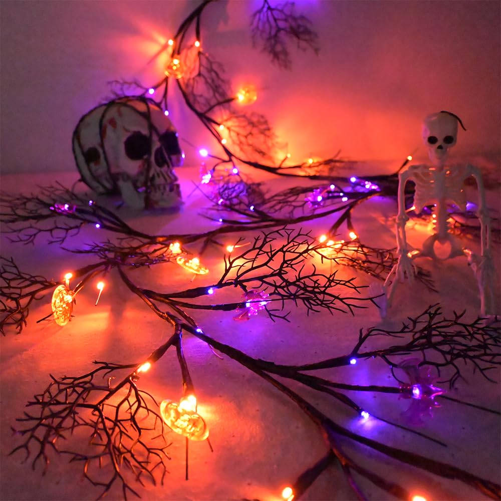 PALONMY Halloween Decor Lights 8.86FT 72 LED Willow Vine Twig with Timer Battery Operated Garland Lights with Orange Pumpkins Pu