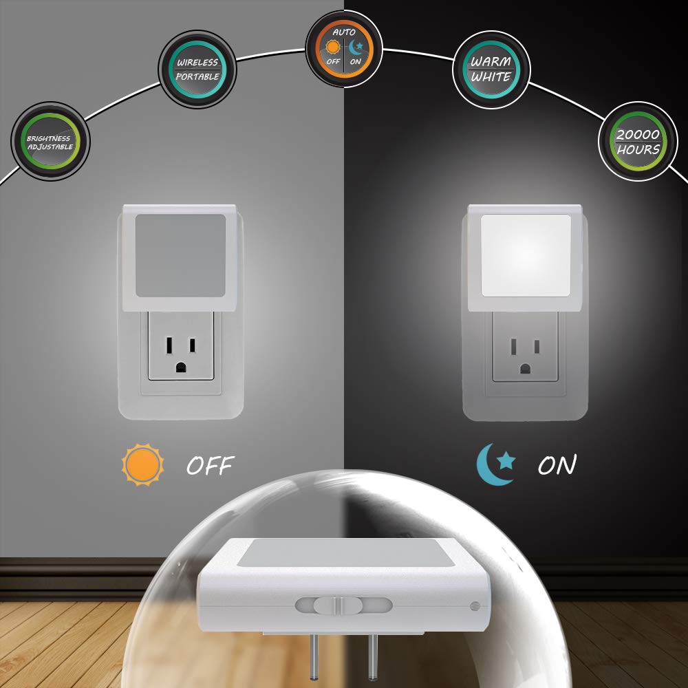 MAZ-TEK Plug-in LED Night Light, Auto Dusk to Dawn Sensor, Adjustable Brightness, Cool White, 2 Pack