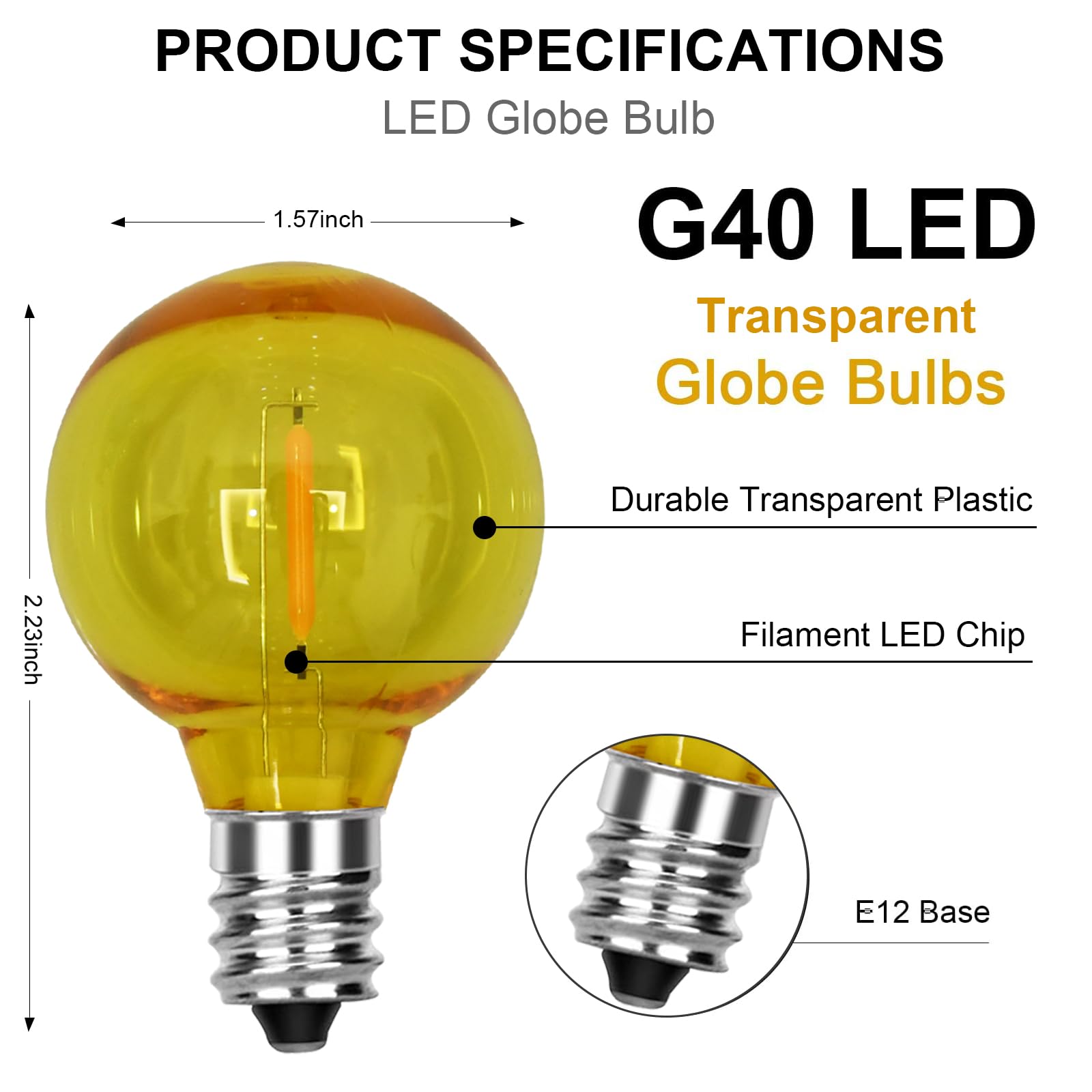 Abeja 25 Pack G40 Multicolor Led Replacement Bulbs, E12/C7 Candelabra Base Led Shatterproof Globe Bulbs For Outdoor Christmas String Lights, 0.6W Energy-Saving Night Light Bulbs, 2700K Warm White