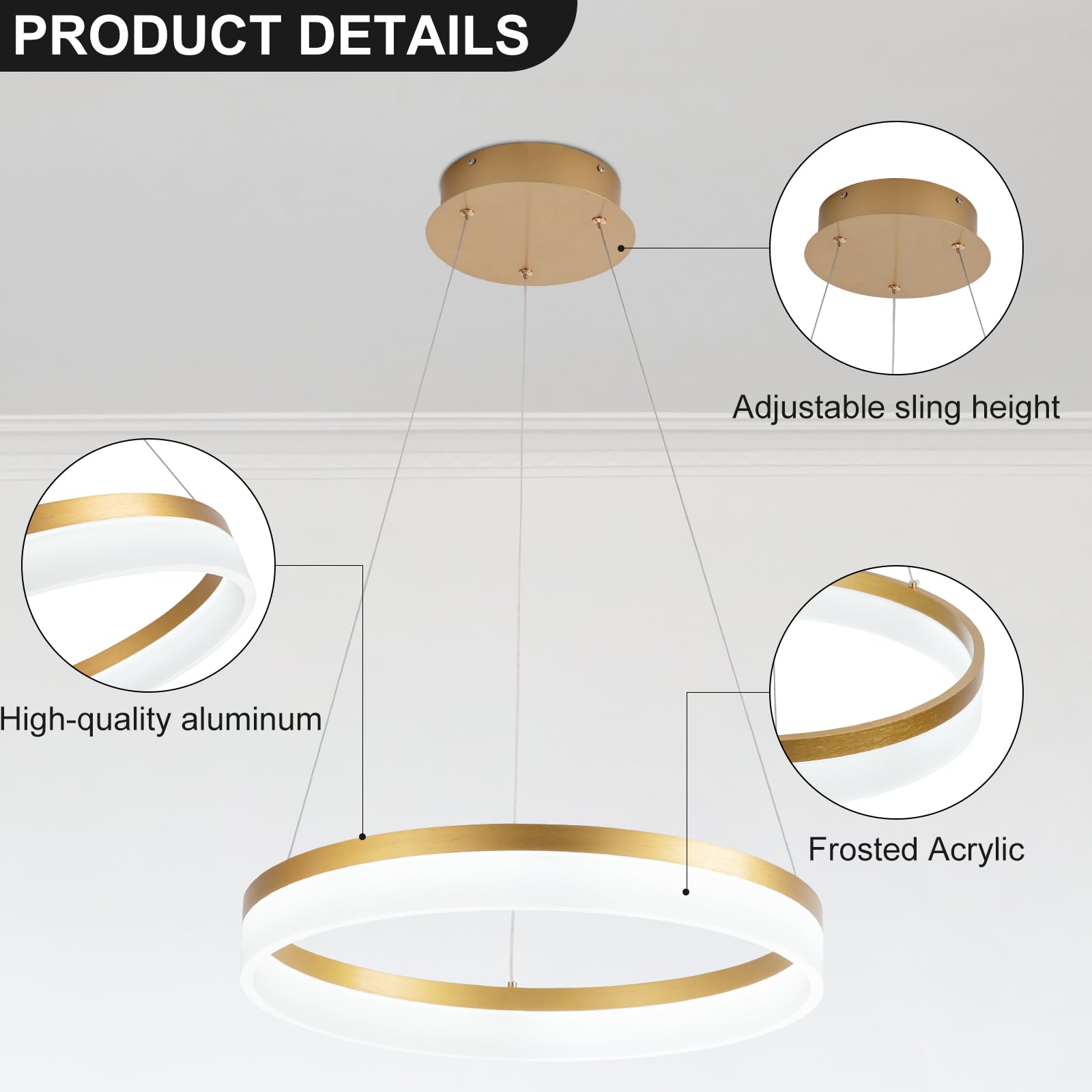 Buccleuch Dimmable Led Chandelier, Modern Gold Chandelier For Dining Room Light Fixture Over Table, 19.7 Inch Modern Pendant Lig