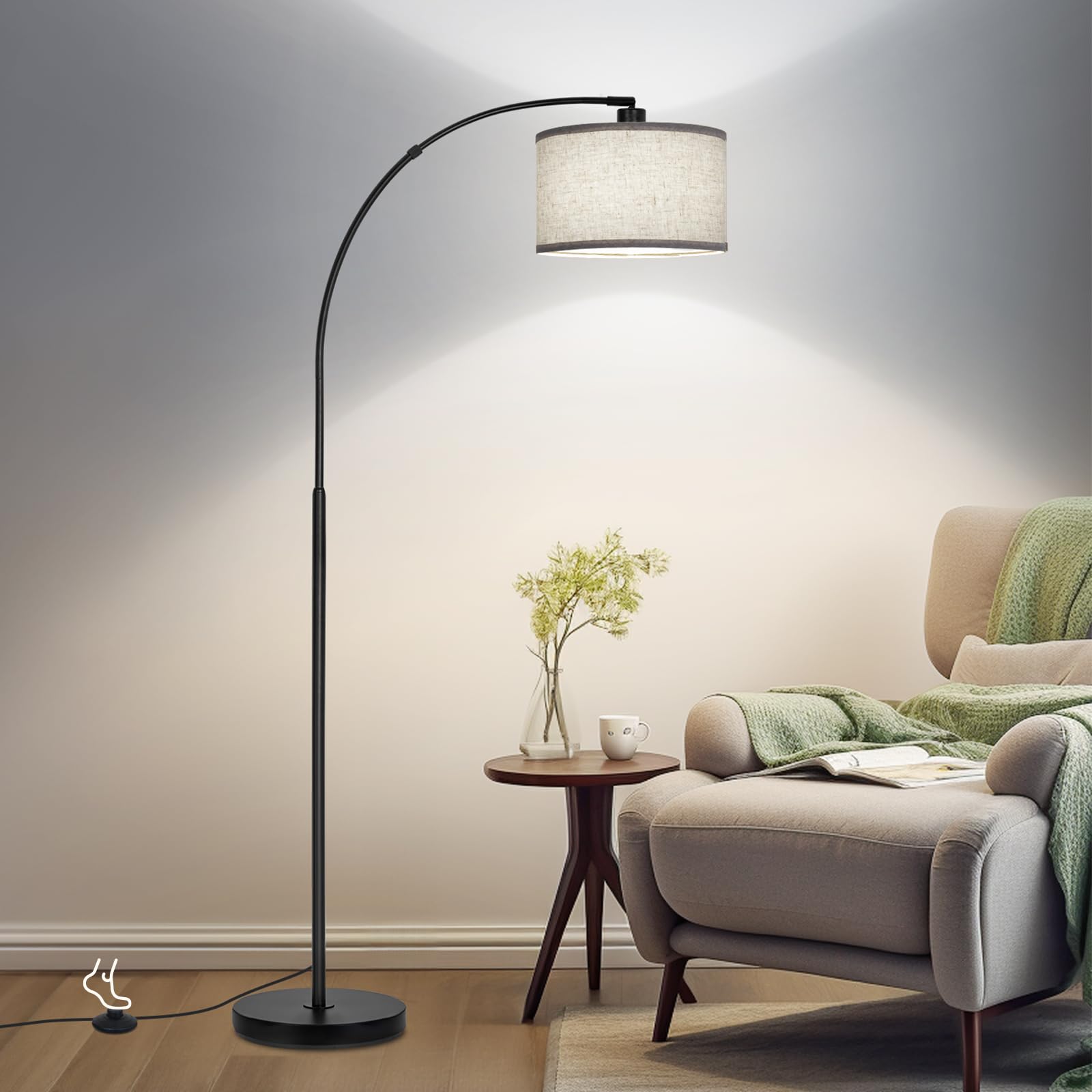 Black Arc Floor Lamps for Living Room,Modern Standing Lamp with Adjustable Drum Lampshade Tall Pole Lamp with Foot Switch Over C