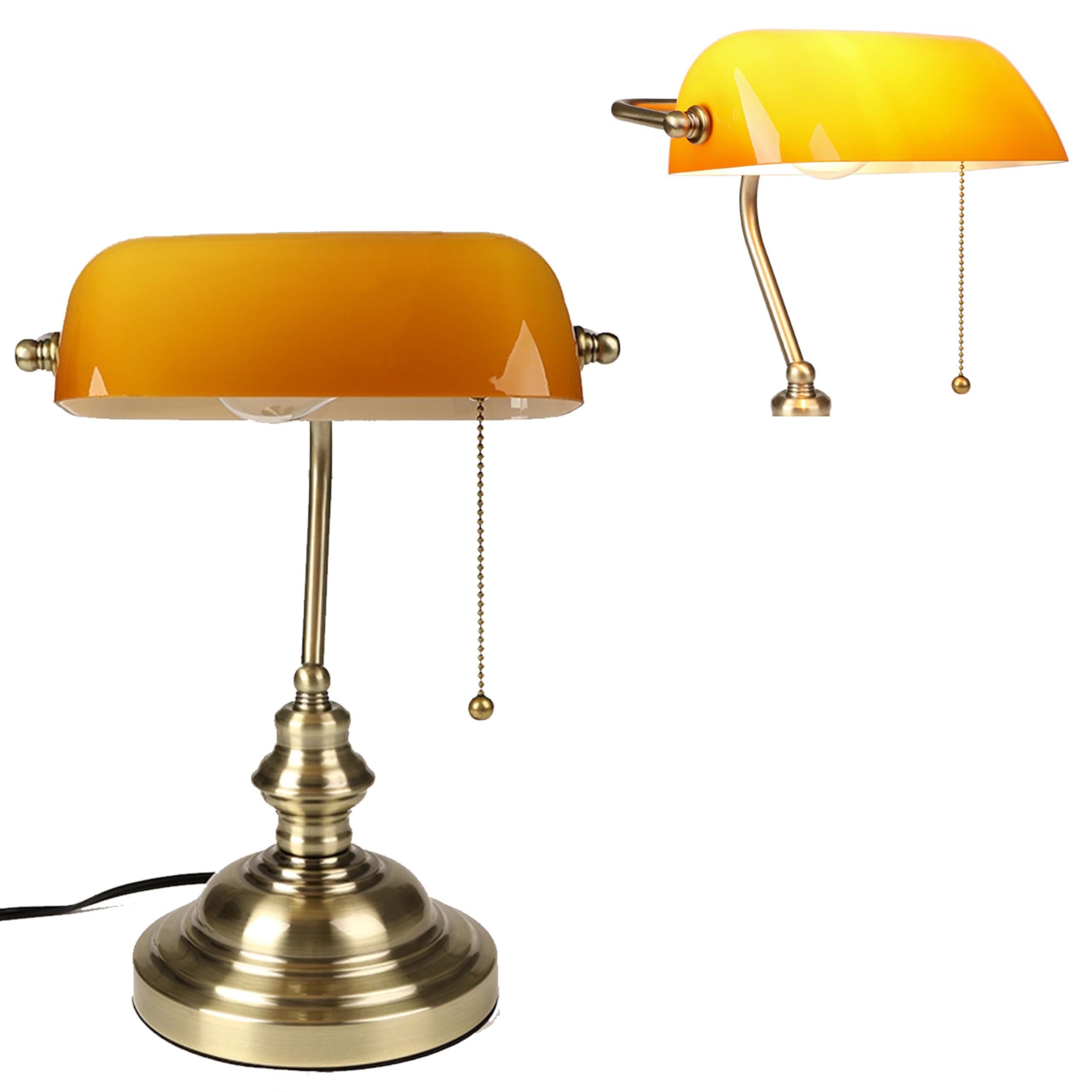 FIRVRE Bankers Desk Lamp with Pull Chain Switch, Amber Glass Shade Desk Lamps, Bronze Base,Vintage Library Lamp for Home Office,