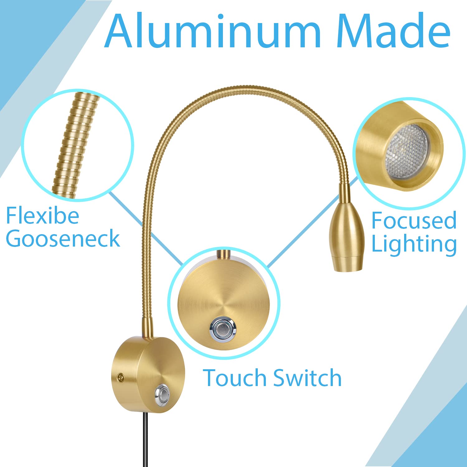 Adust Bedside Reading Light, 3W LED Touch Dimmable, Adjustable Colour Temp, Gold (1-Pack), Brushed Nickel, Model RL-2